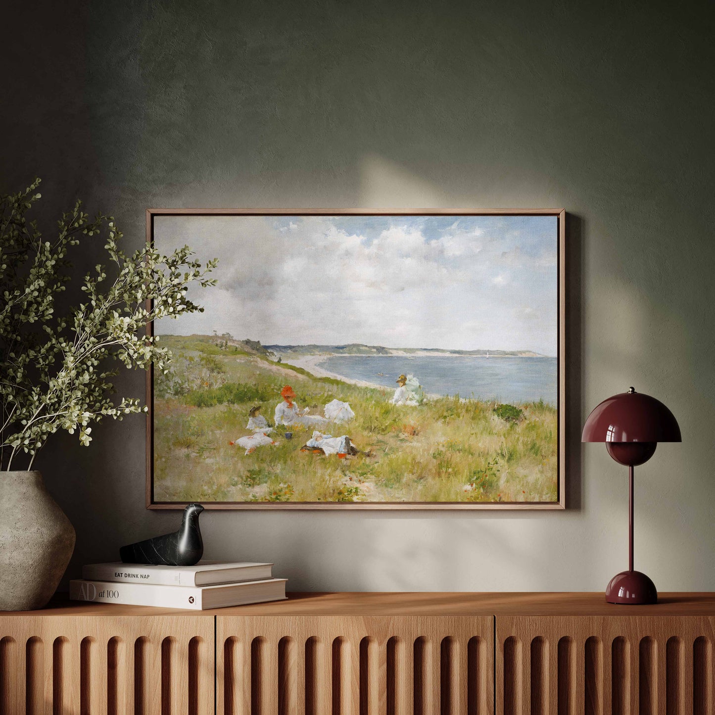 Exklusiv inramad canvastavla i stort format. Retro landskapsmålning, picknick vid stranden.