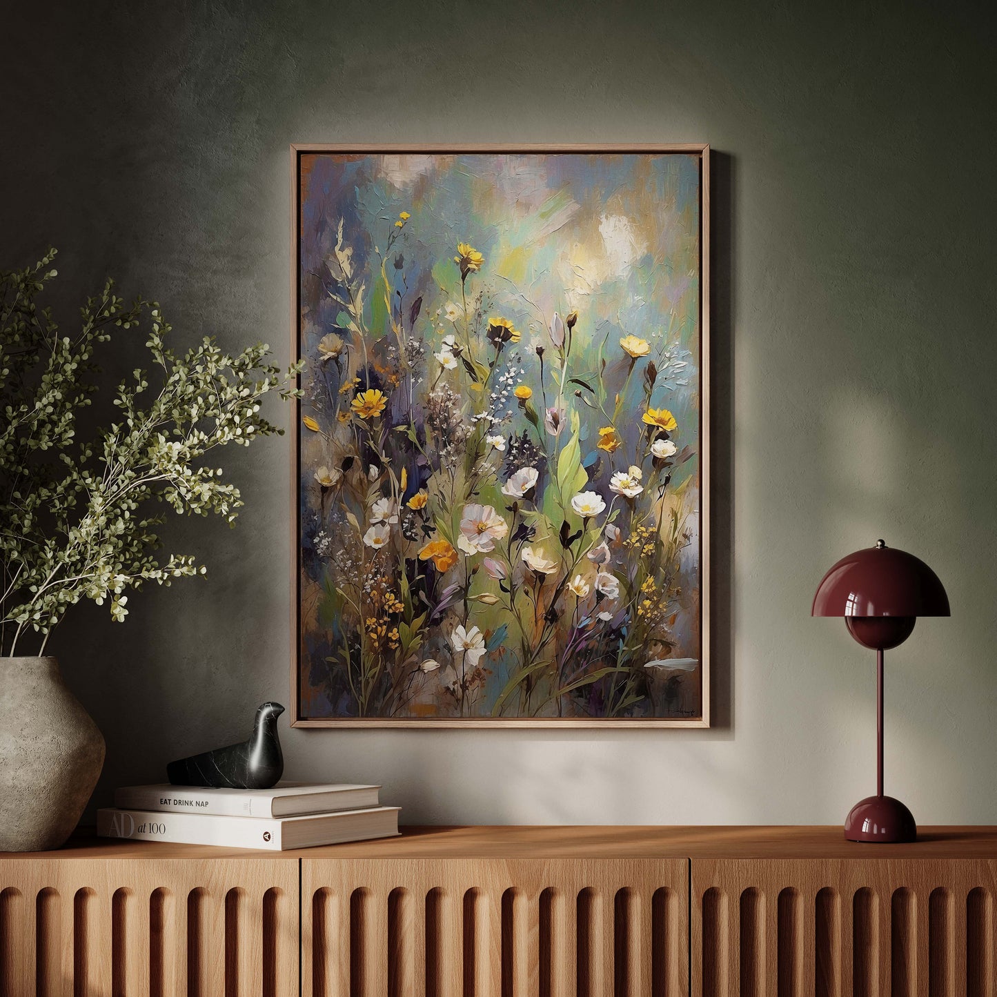 Exklusiv inramad canvastavla i stort format. Landskap och blommor.