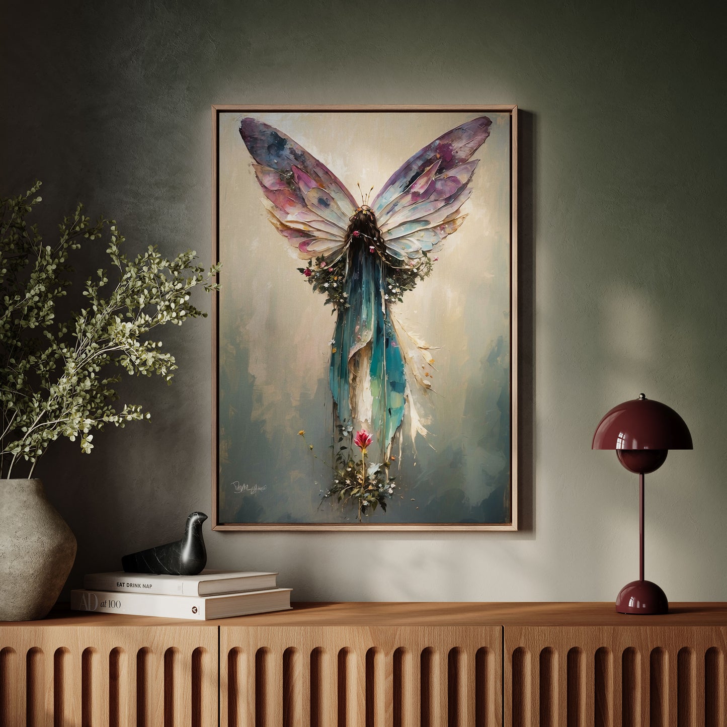 Exklusiv inramad canvas i stort format. Dark fairy oljemålning.