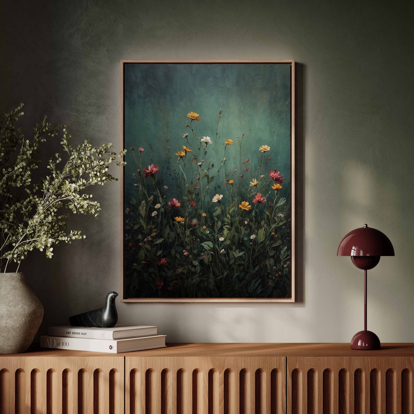 Exklusiv inramad canvastavla i stort format. Vildblommor på grön bakgrund.