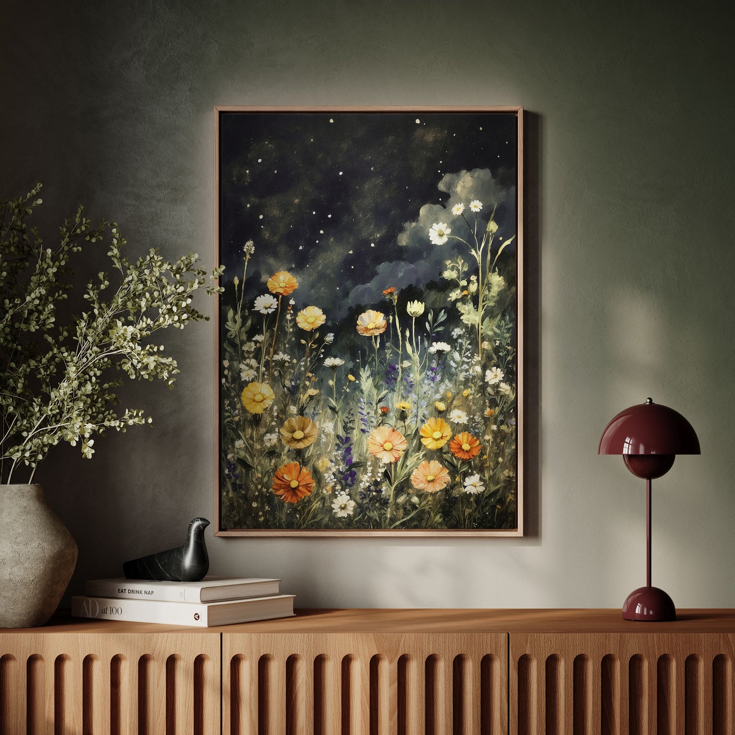 Exklusiv inramad canvastavla i stort format. Blommor i natten.