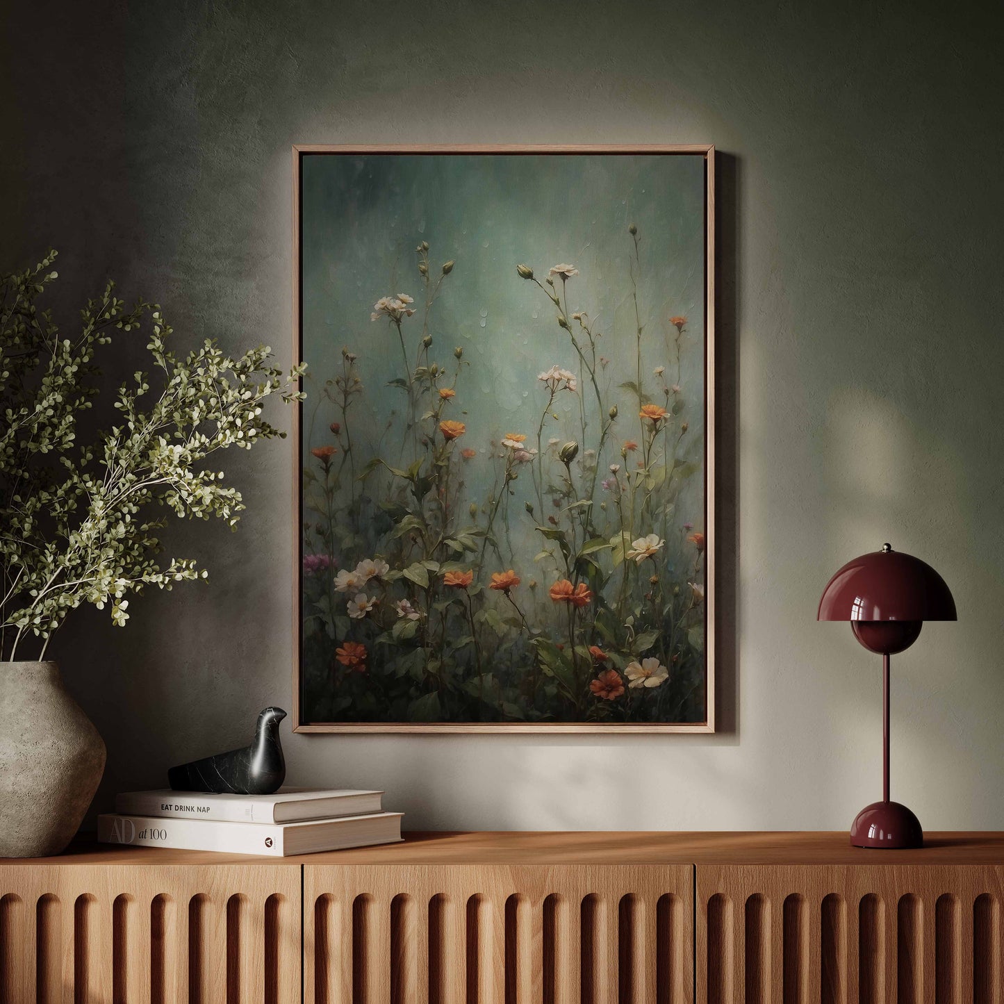 Exklusiv inramad canvastavla i stort format. Vildblommor med grön bakgrund.