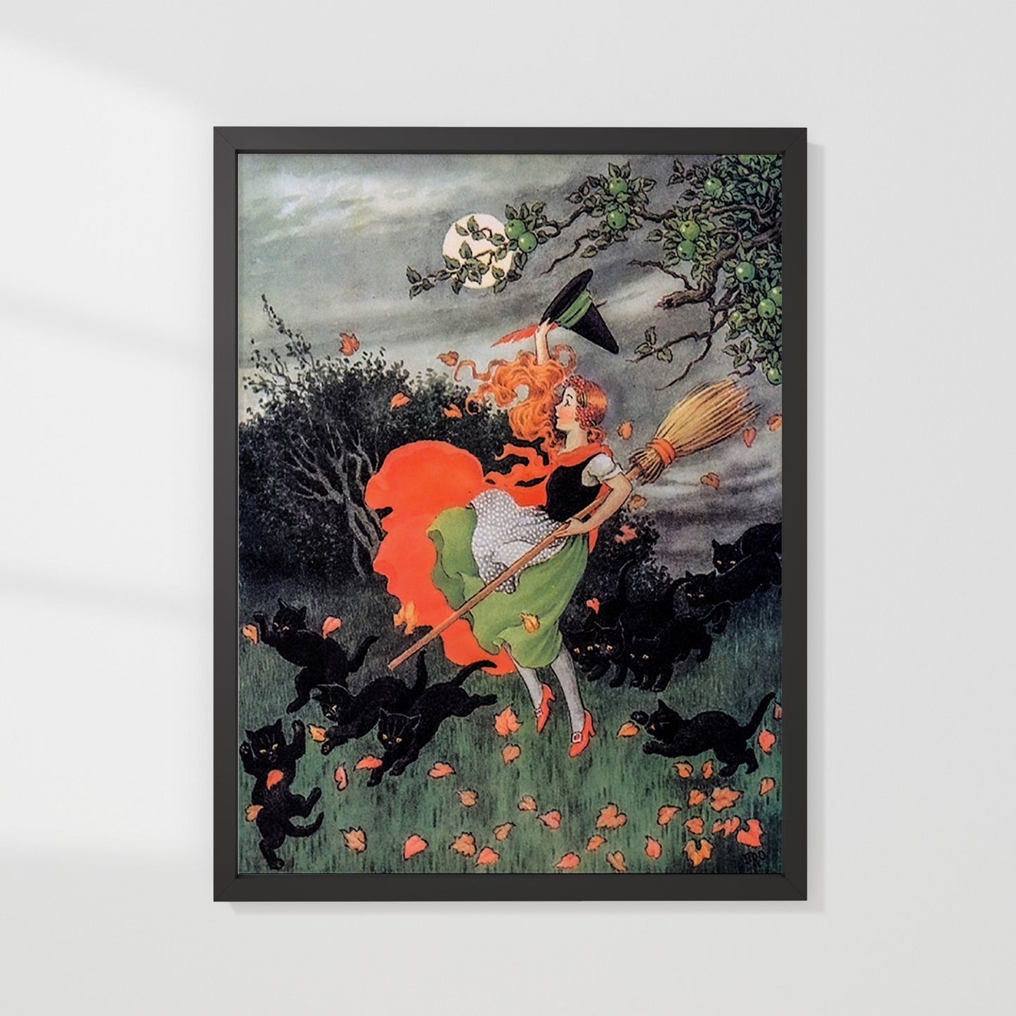 Poster, retro illustration av en gullig häxa och hennes katter.