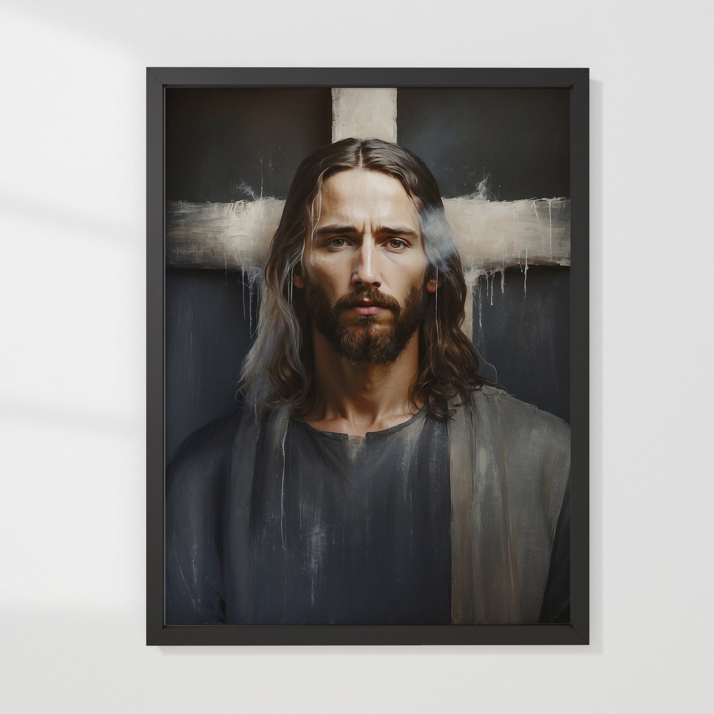 Poster, Jesus porträtt med kors i bakgrunden.