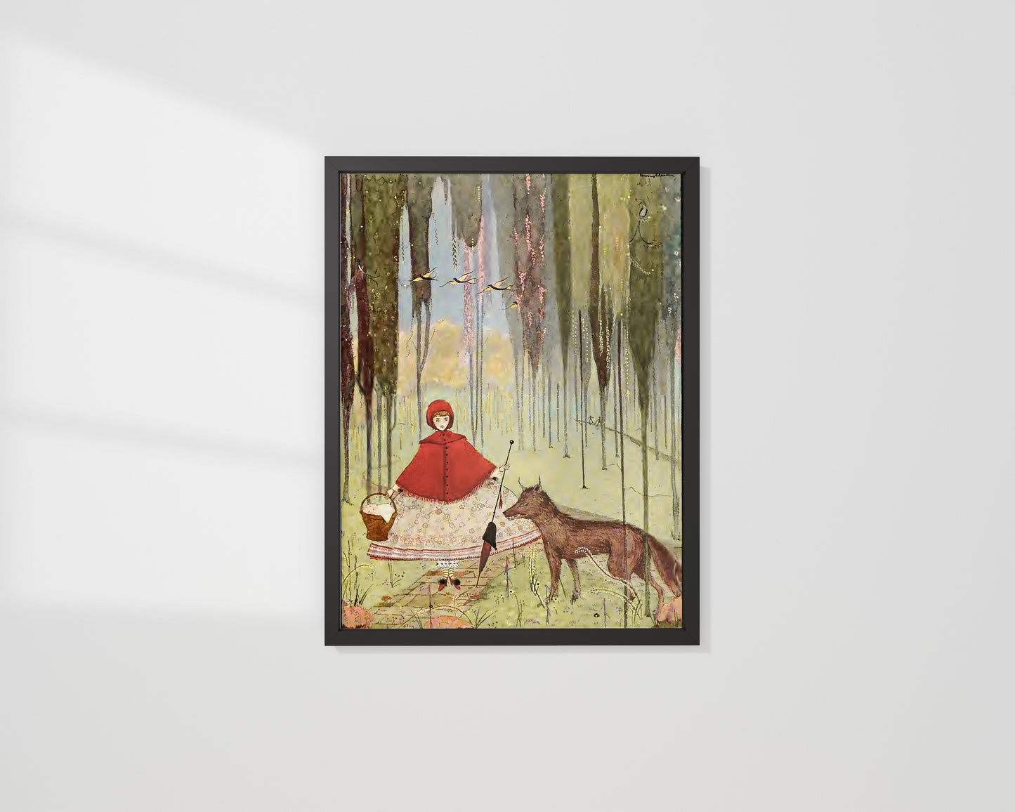 Retro illustration för barnrummet, Rödluvan och vargen.