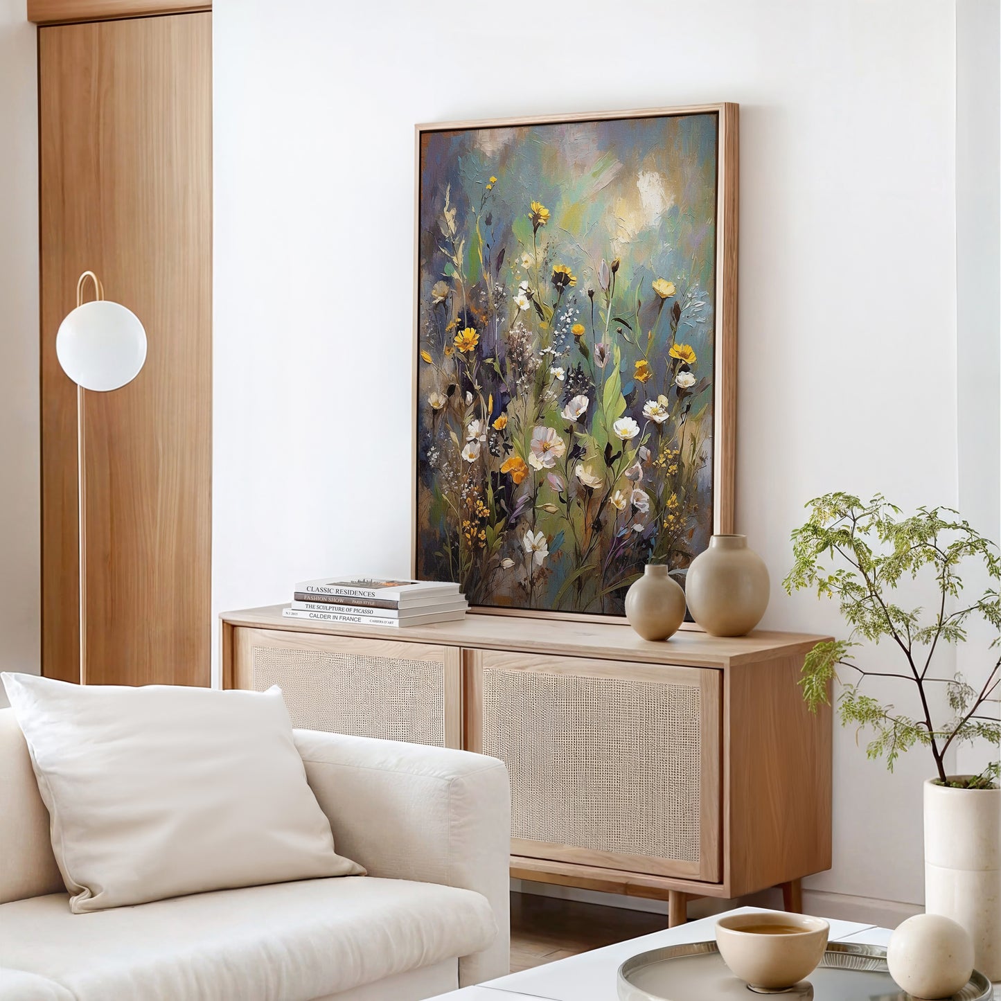 Exklusiv inramad canvastavla i stort format. Landskap och blommor.