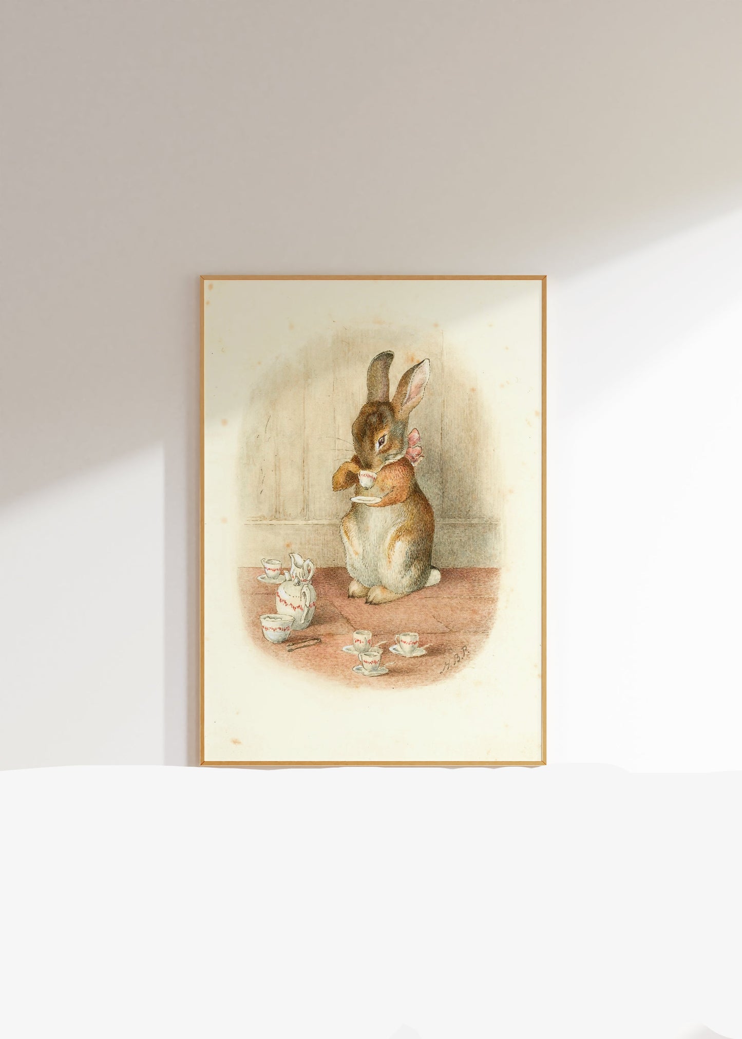 Retro Beatrix Potter illustration för barnrummet. A rabbit tea party.