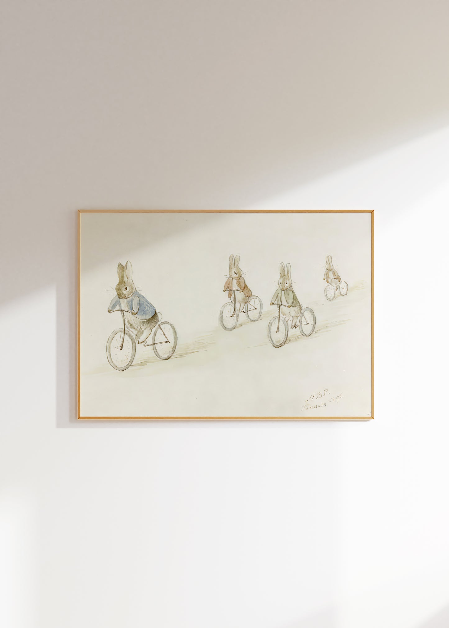 Retro Beatrix Potter illustration för barnrummet. Biker Bunnies.