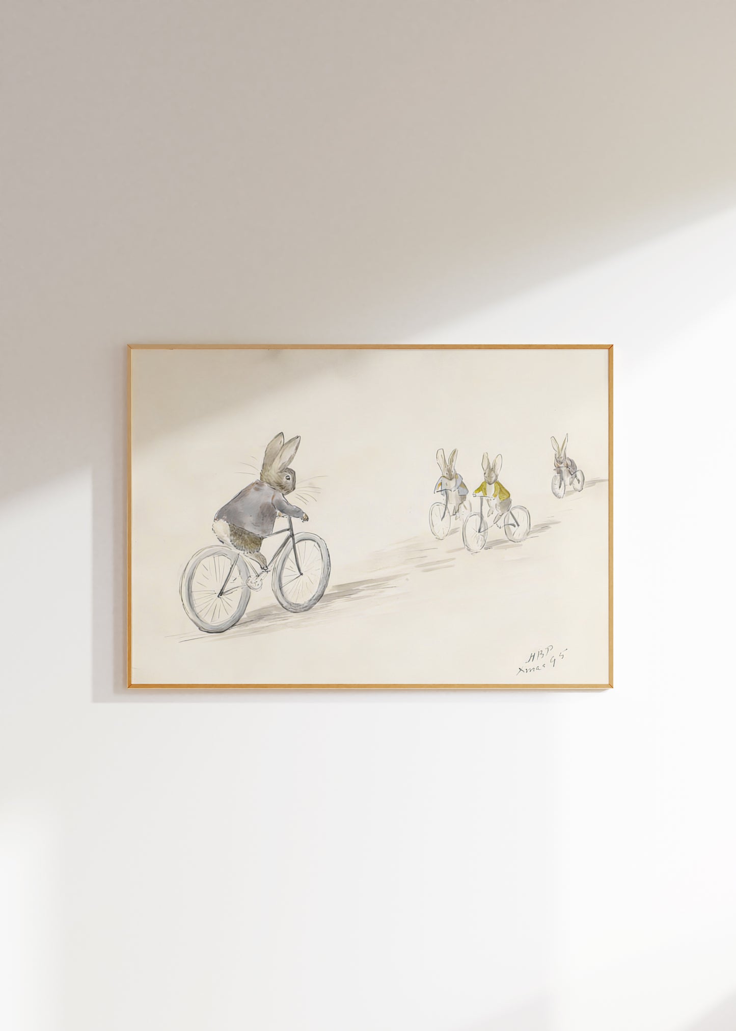 Retro Beatrix Potter illustration för barnrummet. Biker Bunnies.