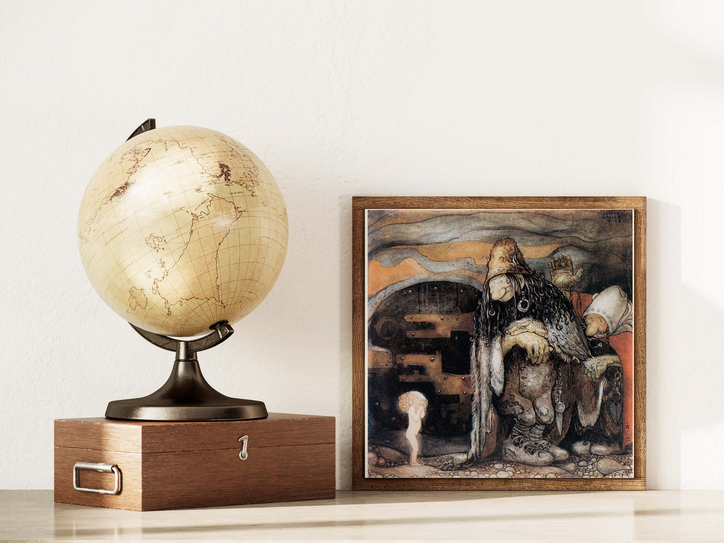 Vintage illustration av John Bauer, lite barn och troll.