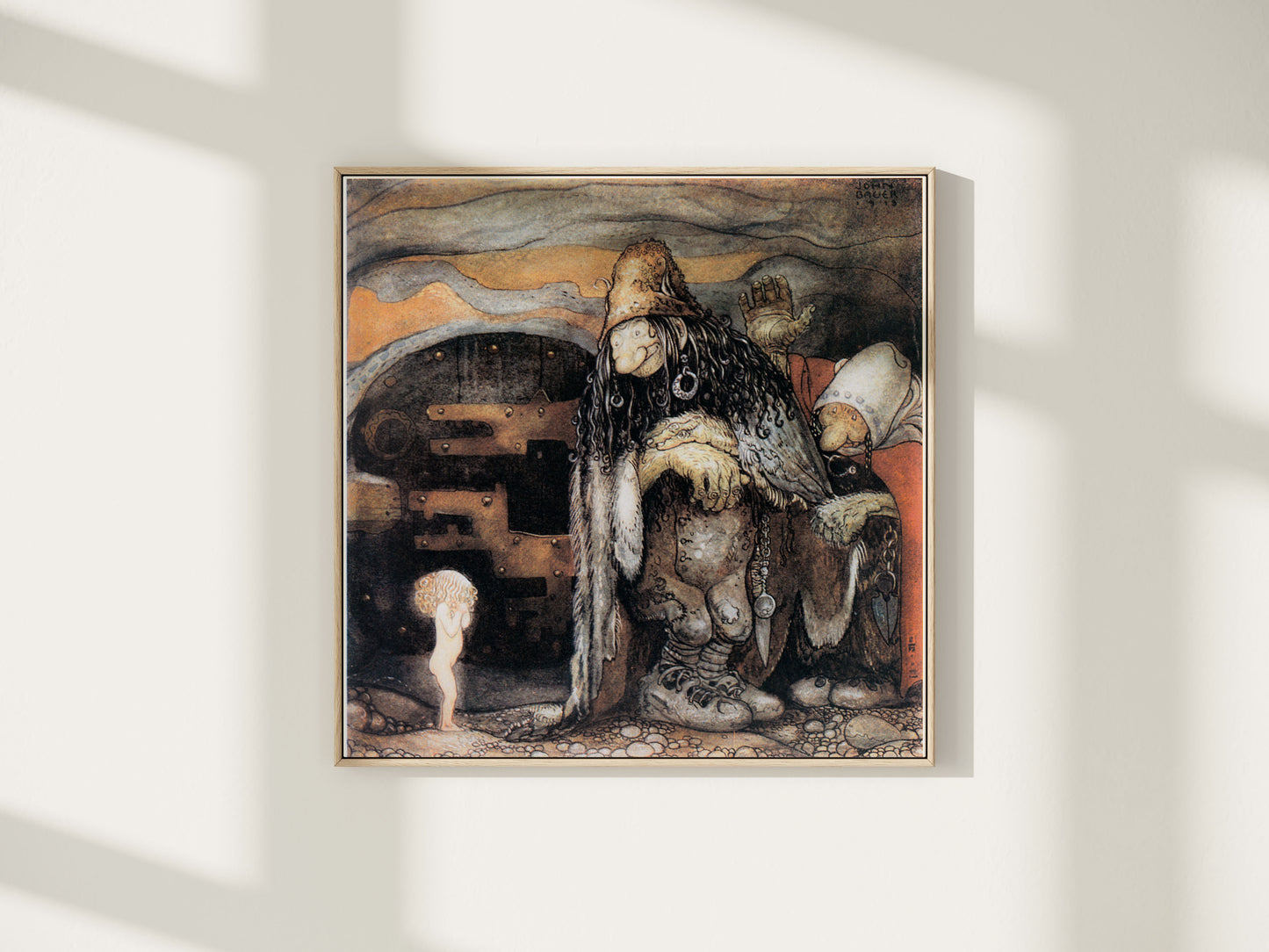 Vintage illustration av John Bauer, lite barn och troll.