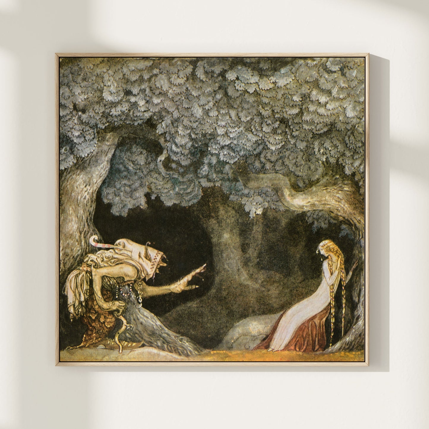 Vintage poster av John Bauer, Häxa och prinsessa i skogen.