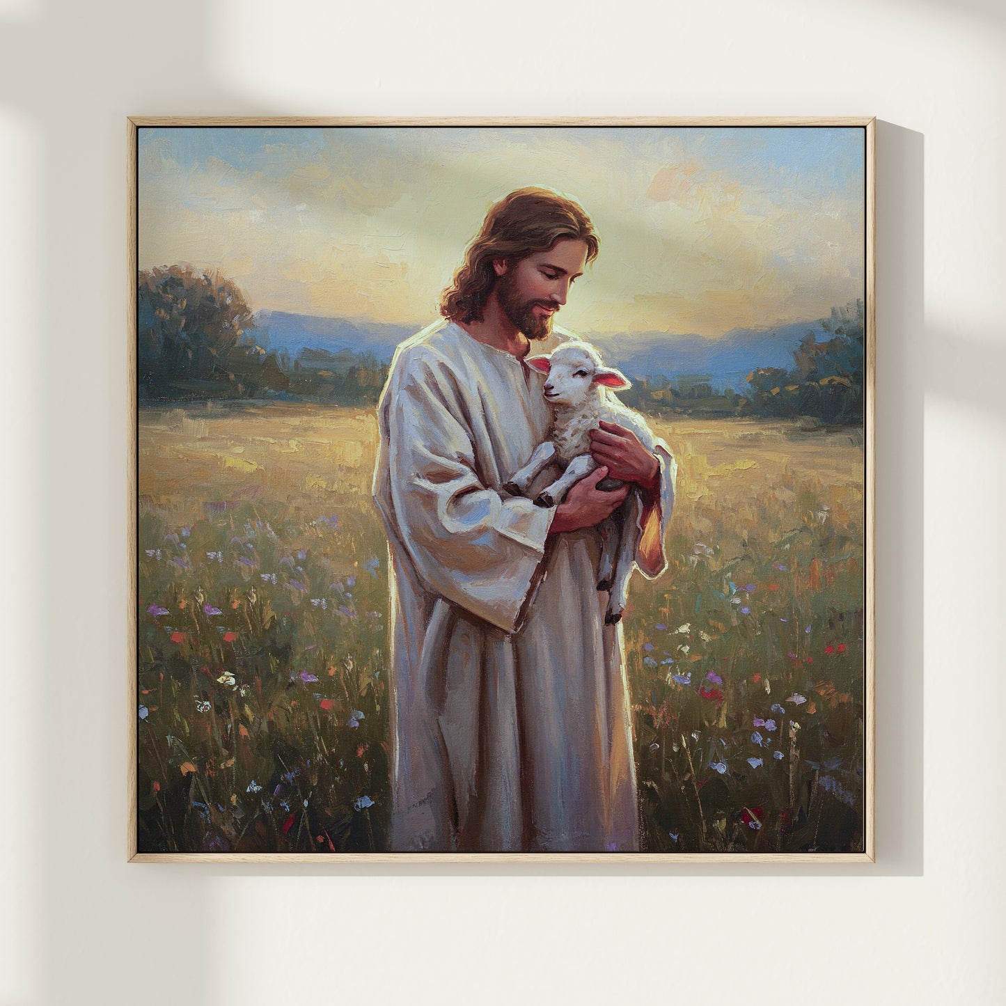 Den gode herden Poster, Jesus håller ett lamm i sin famn oljemålning.