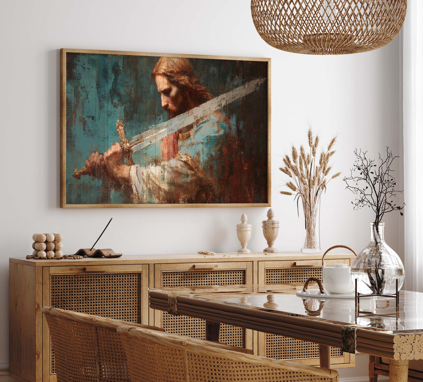Poster, Jesus kämpar för dig, Jesus med svärd abstrakt oljemålning.