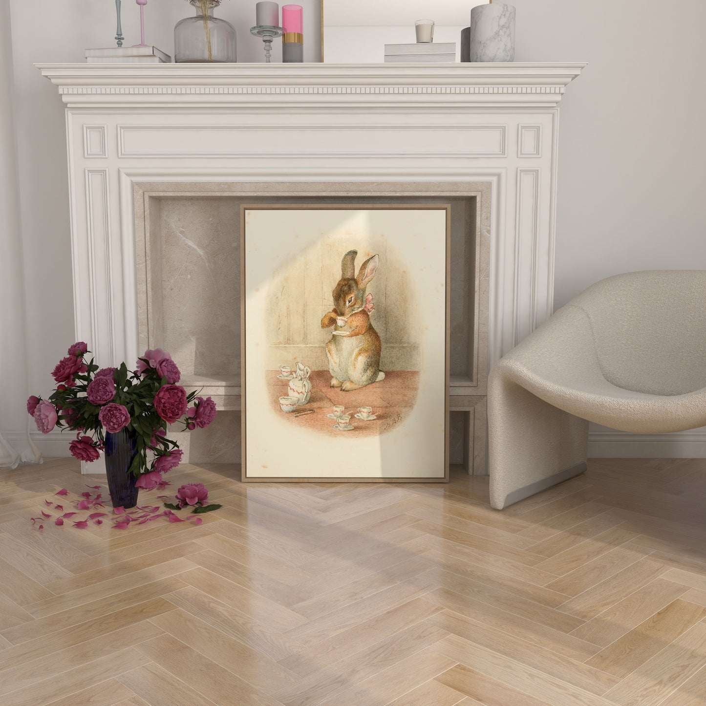 Retro Beatrix Potter illustration för barnrummet. A rabbit tea party.