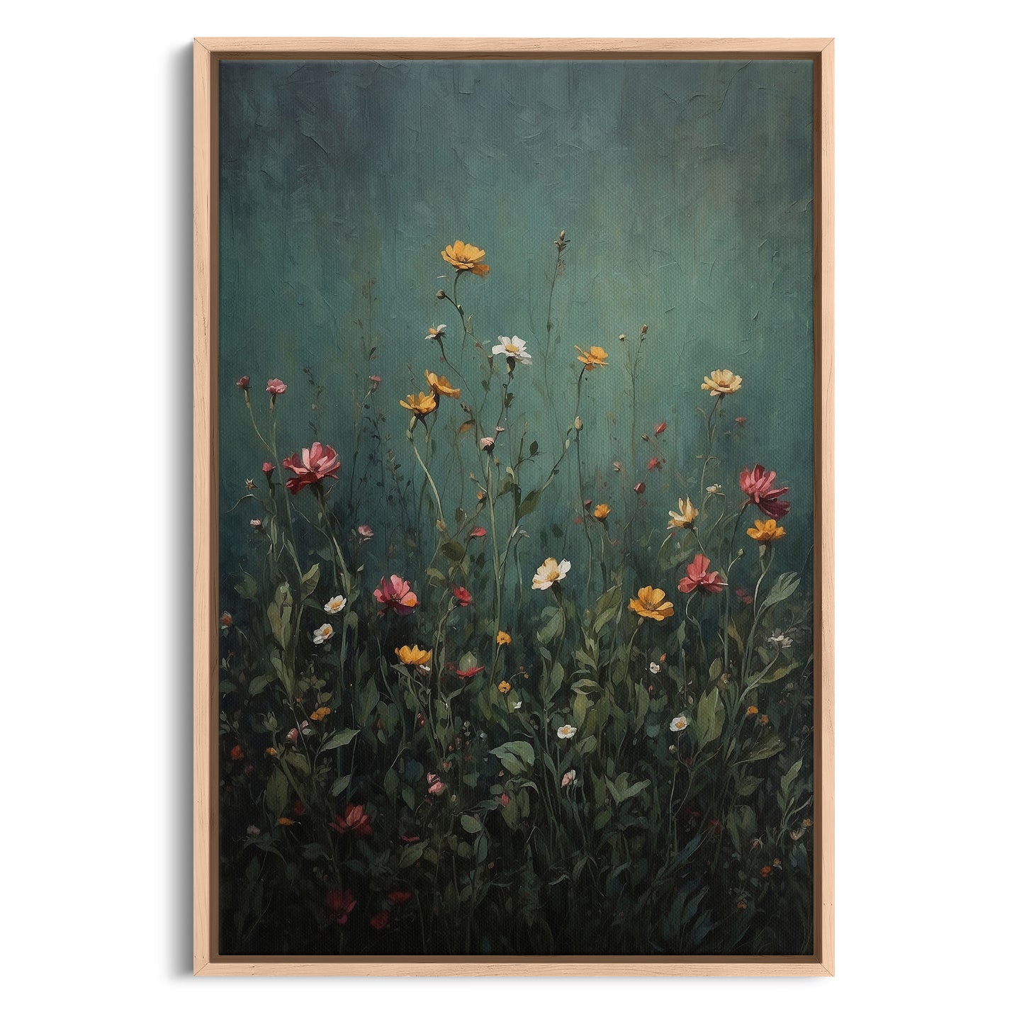 Exklusiv inramad canvastavla i stort format. Vildblommor på grön bakgrund.