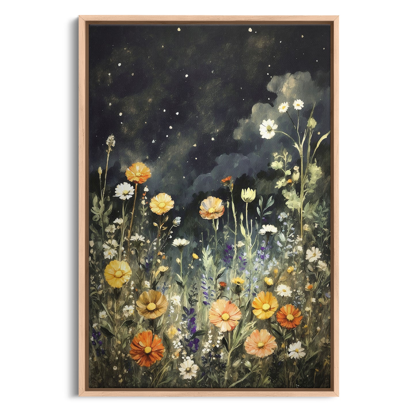 Exklusiv inramad canvastavla i stort format. Blommor i natten.