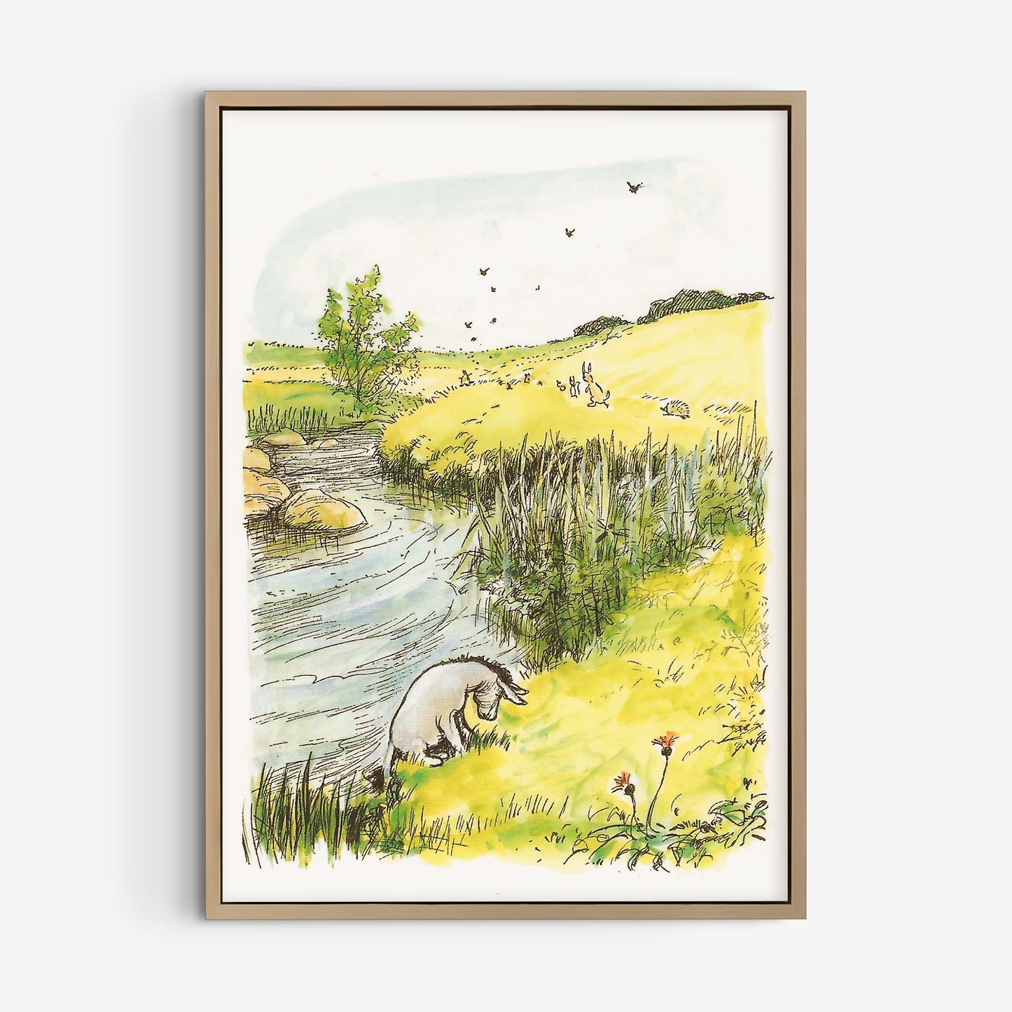 Retro Nalle Puh illustration för barnrummet. Io vid floden.