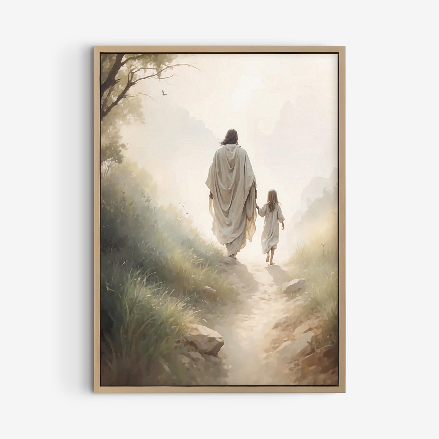 Poster av Jesus som går mot ljuset med en liten flicka.