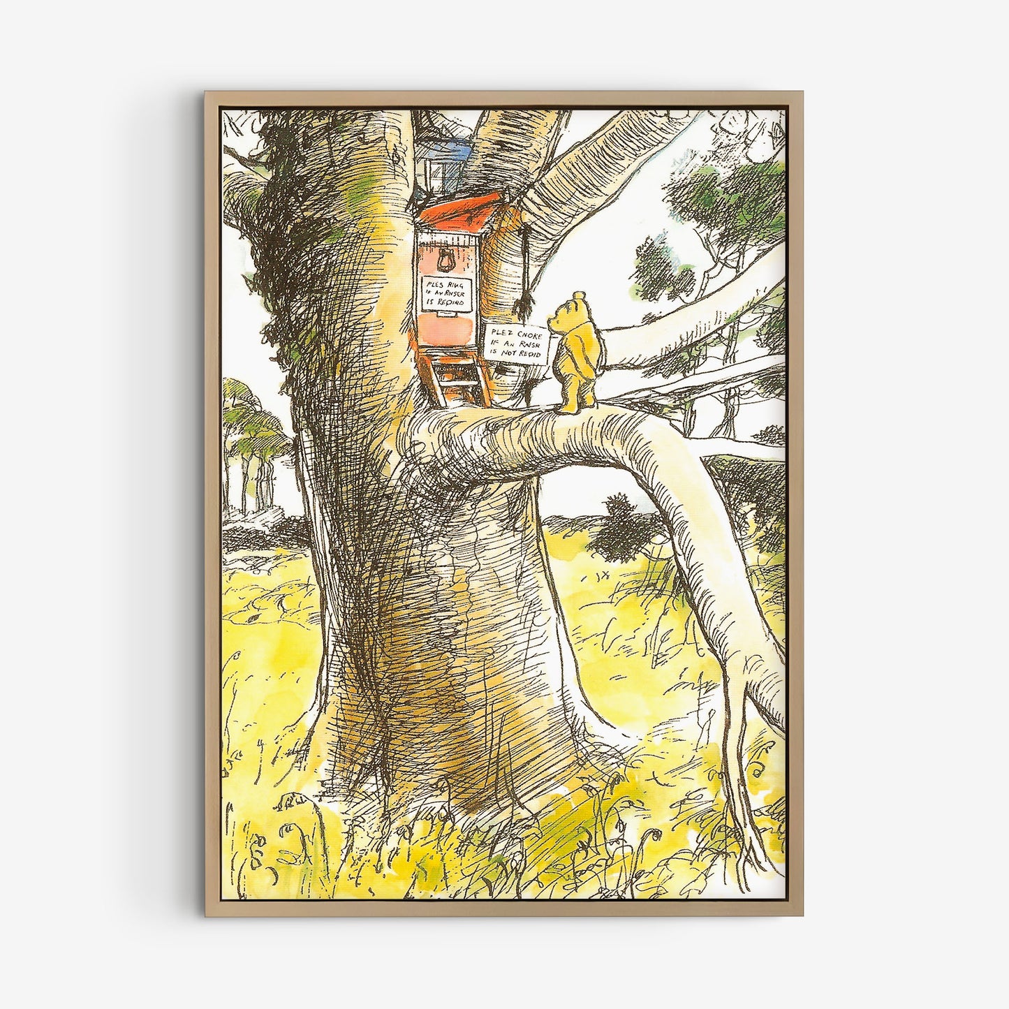 Retro Nalle Puh illustration för barnrummet. Trädkoja.