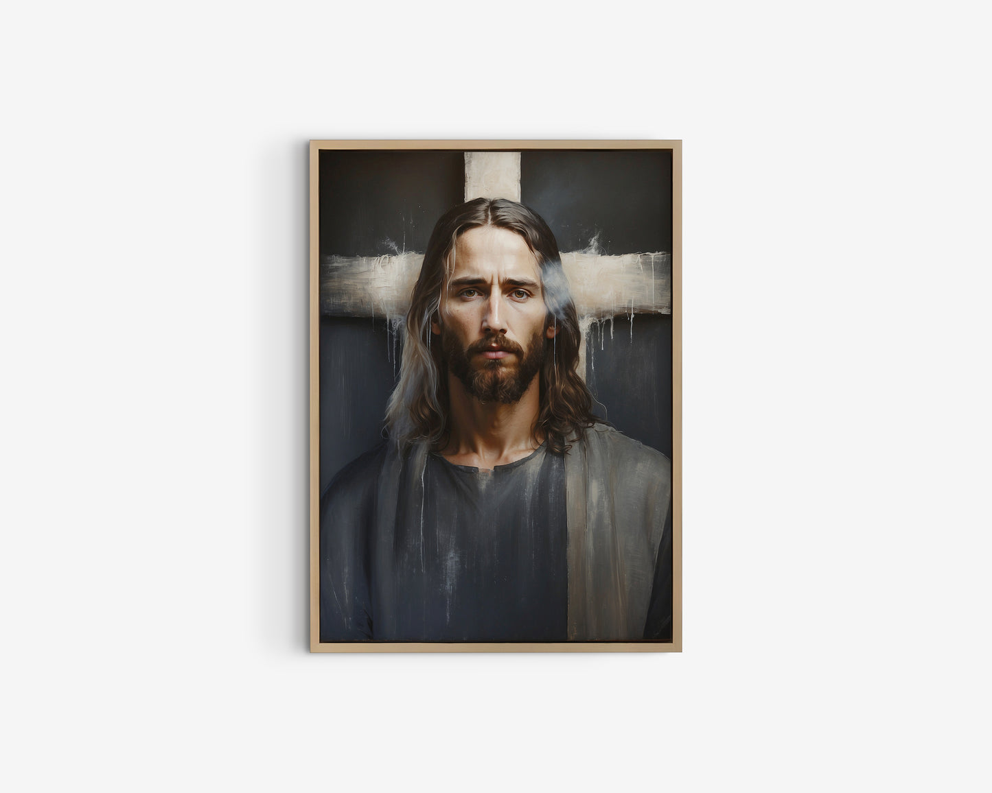 Poster, Jesus porträtt med kors i bakgrunden.