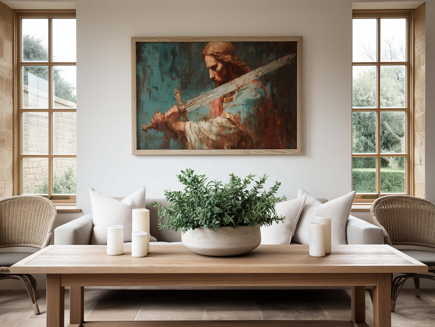 Poster, Jesus kämpar för dig, Jesus med svärd abstrakt oljemålning.