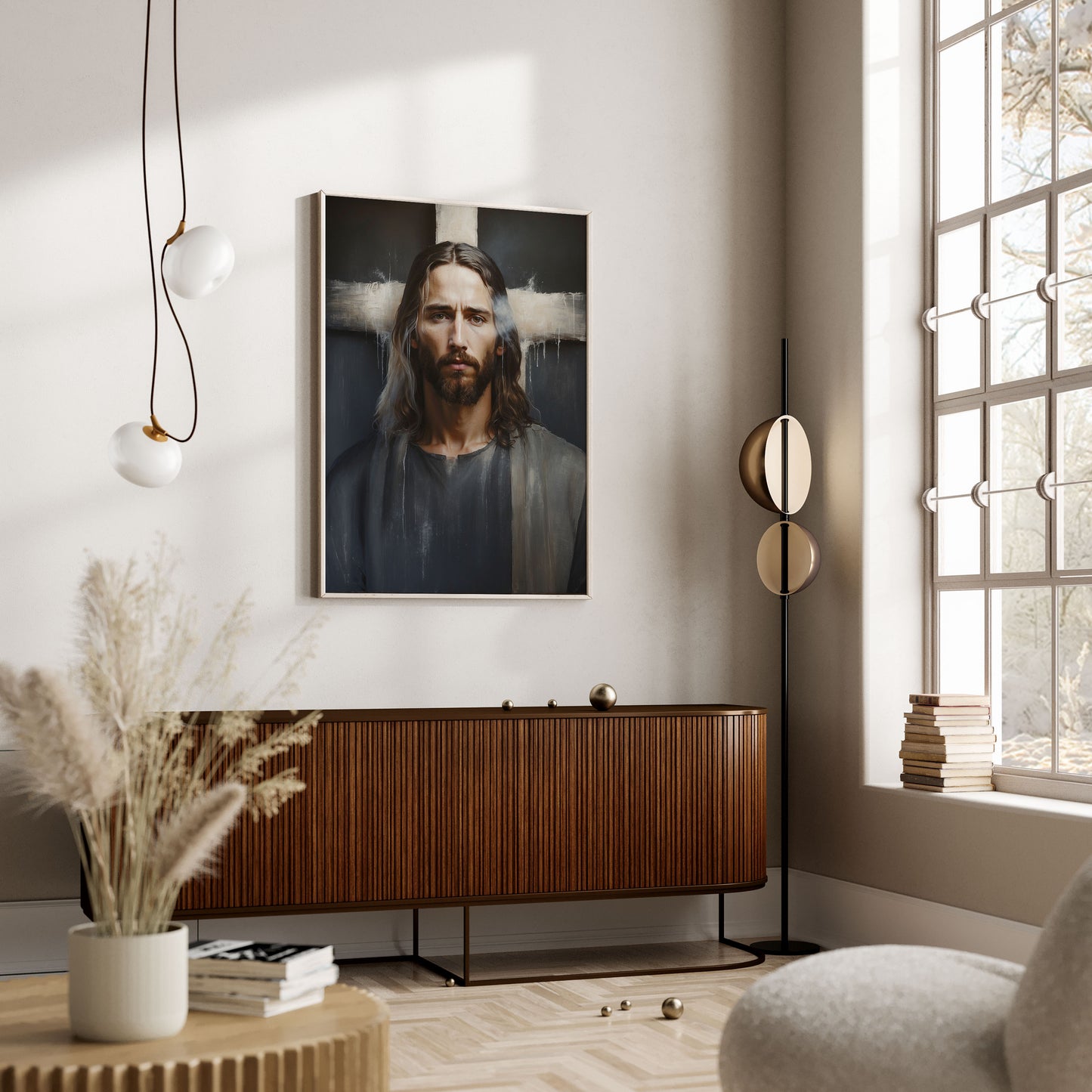 Poster, Jesus porträtt med kors i bakgrunden.