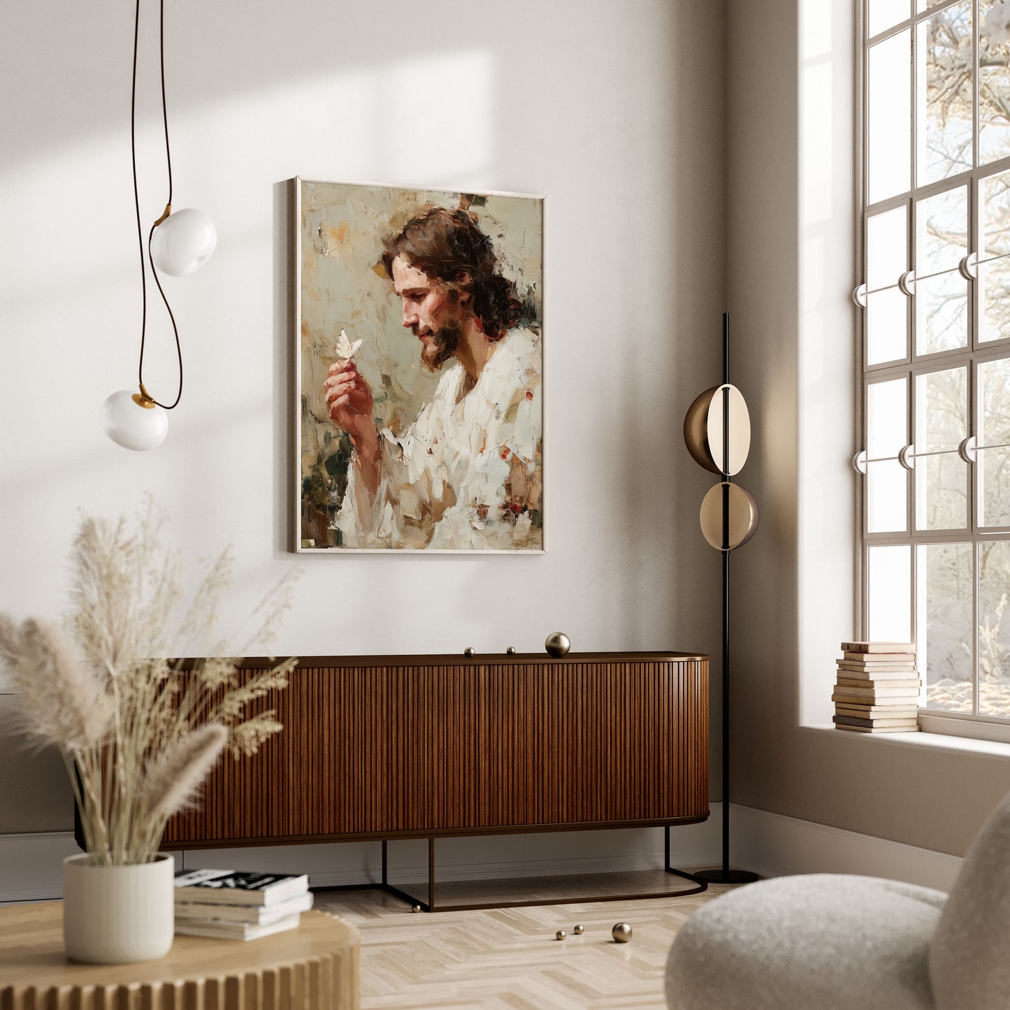 Jesus med fjäril oljemålning,