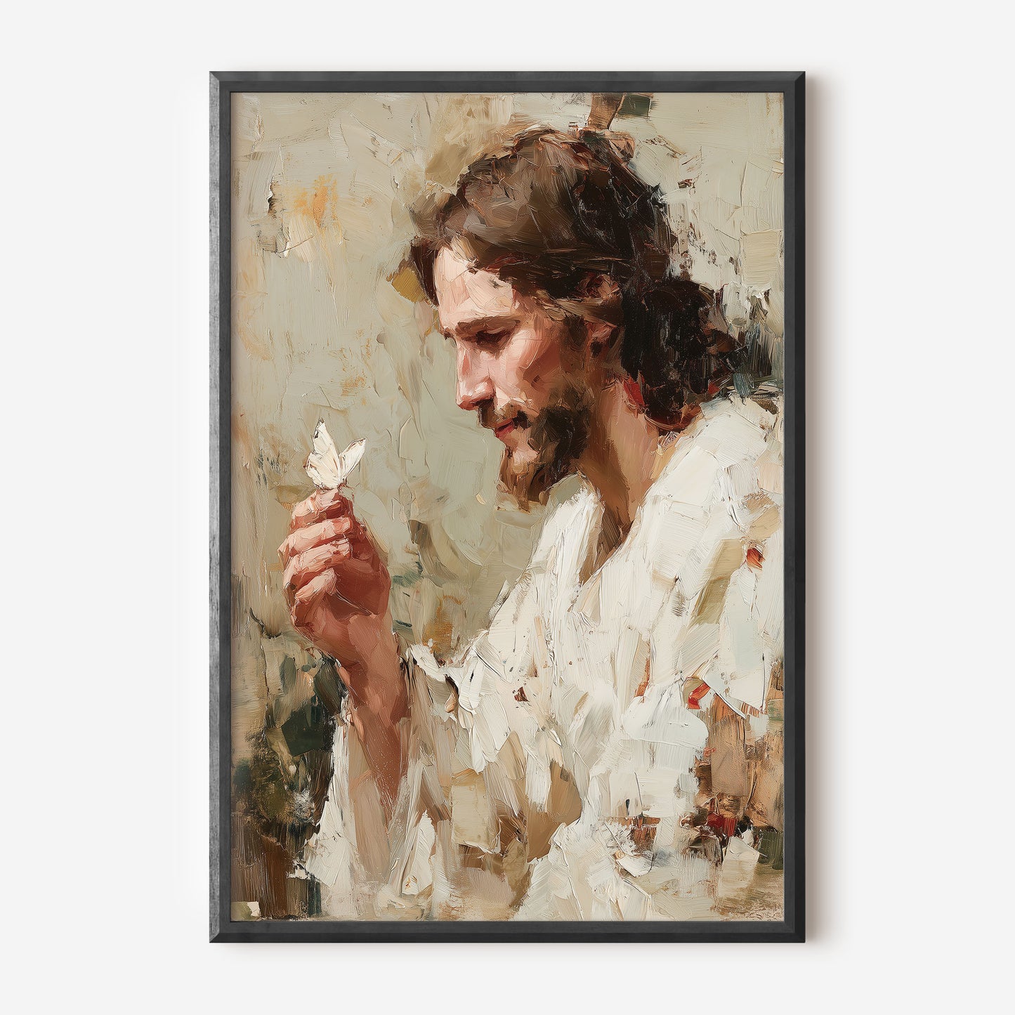 Jesus med fjäril oljemålning,