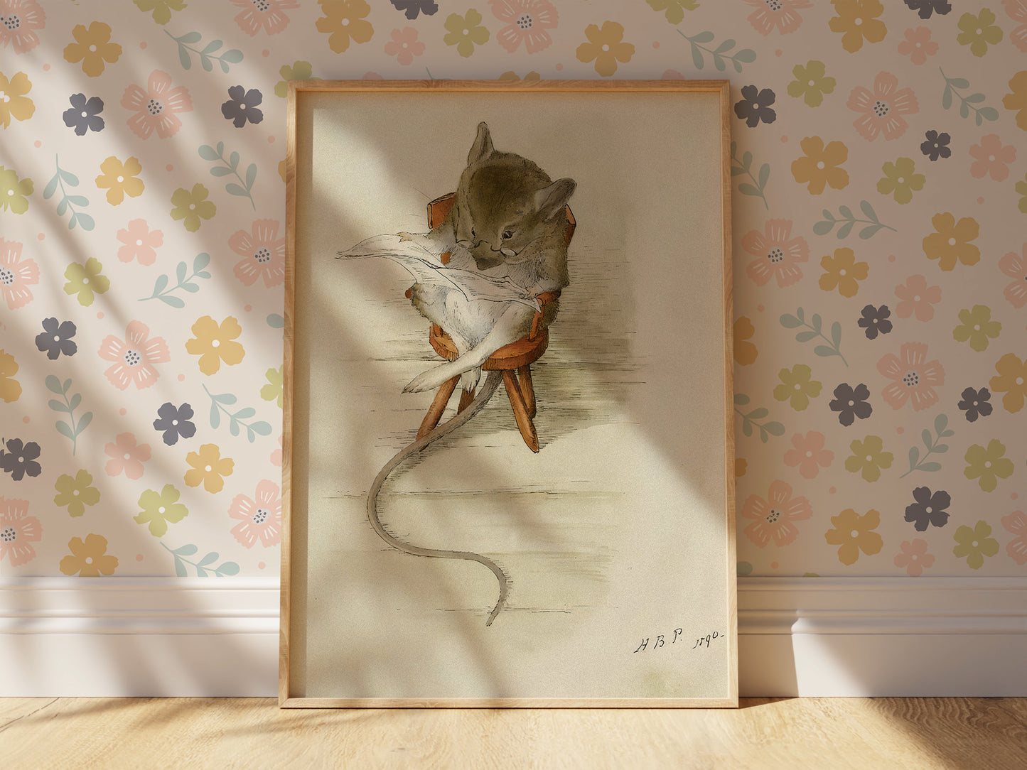 Retro original Beatrix Potter illustration, mus som läser tidningen.