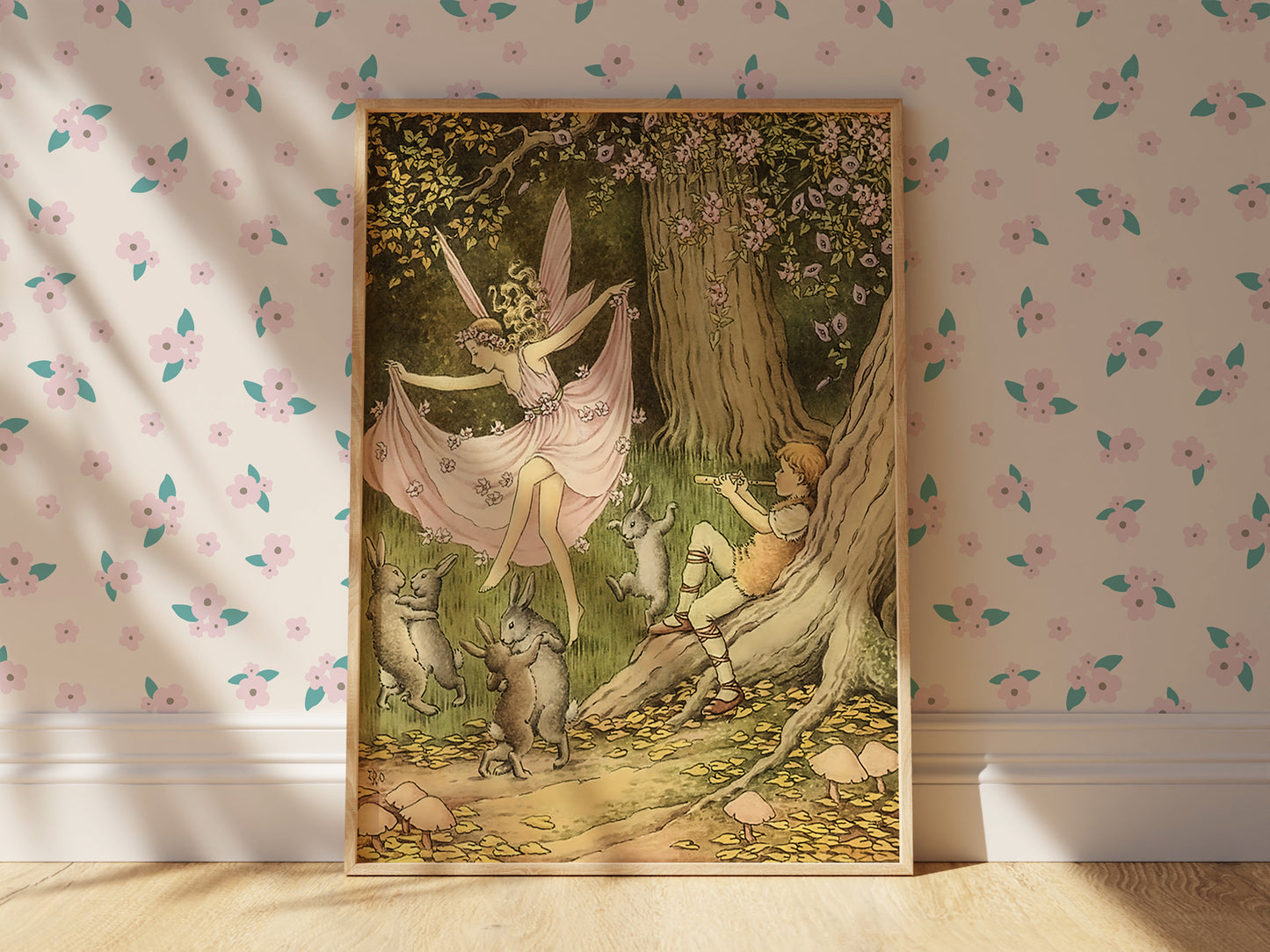 Poster, vintage illustration av dansande älva i skogen.