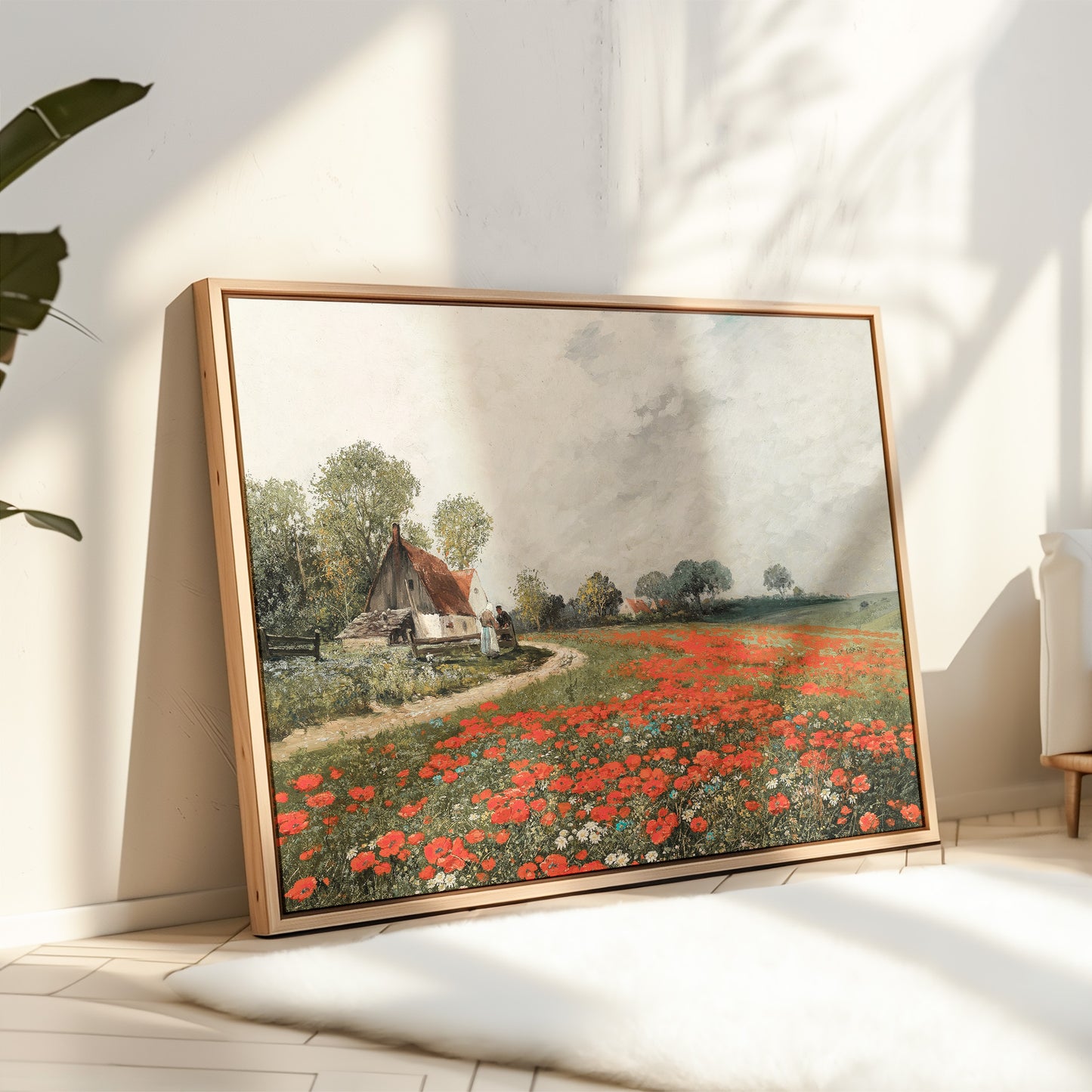 Exklusiv inramad canvastavla i stort format. Landskapsmotiv av sommaräng med röda vildblommor.
