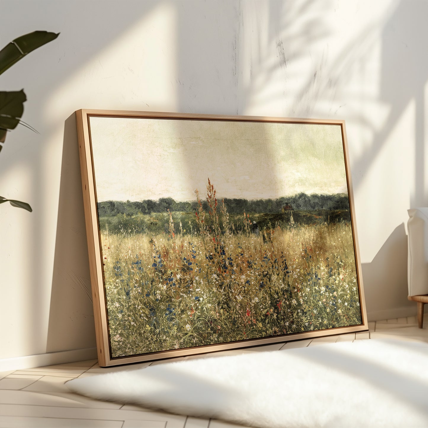 Exklusiv inramad canvastavla i stort format. Berömd retro oljemålning av vildblommor på äng.
