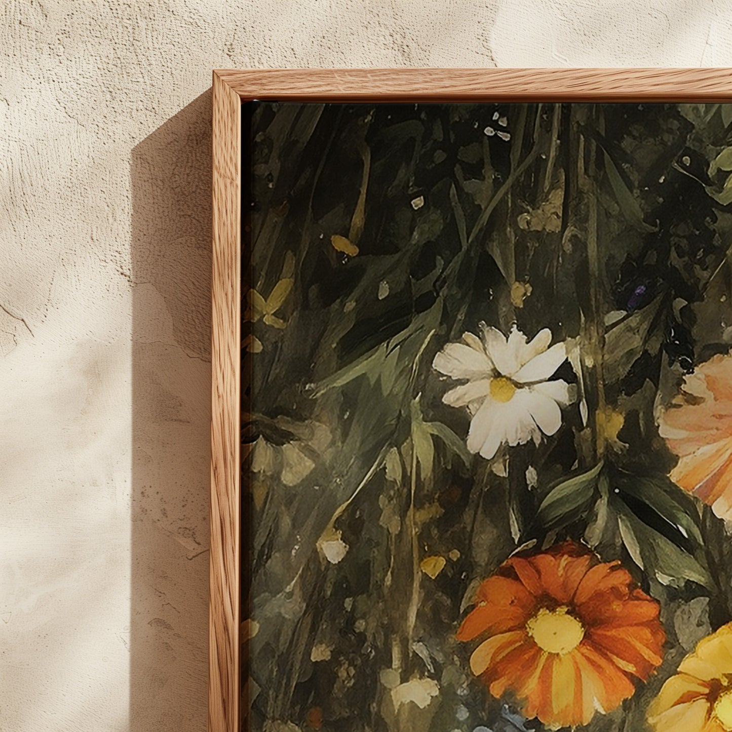 Exklusiv inramad canvastavla i stort format. Blommor i natten.