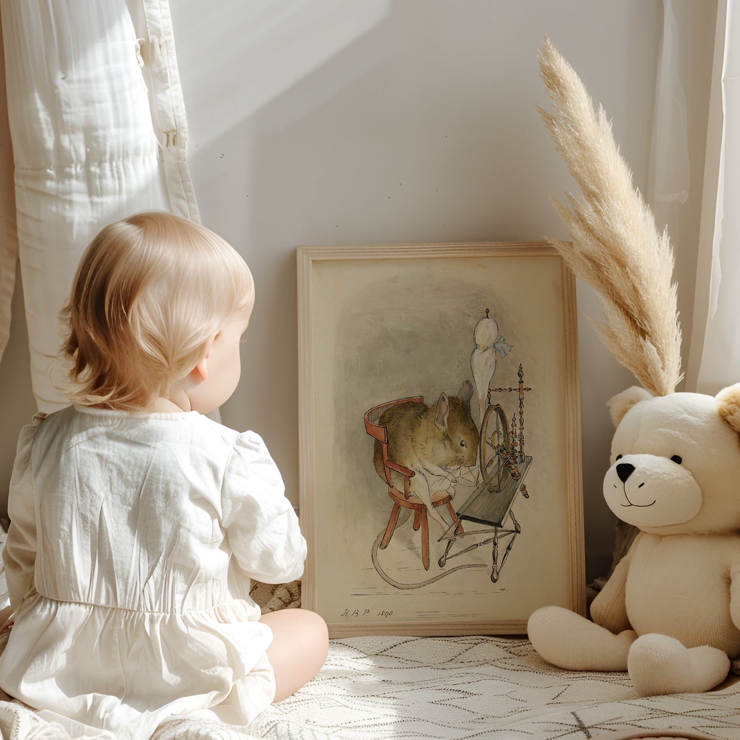 Original Beatrix Potter illustration, mus vid spinnrock.