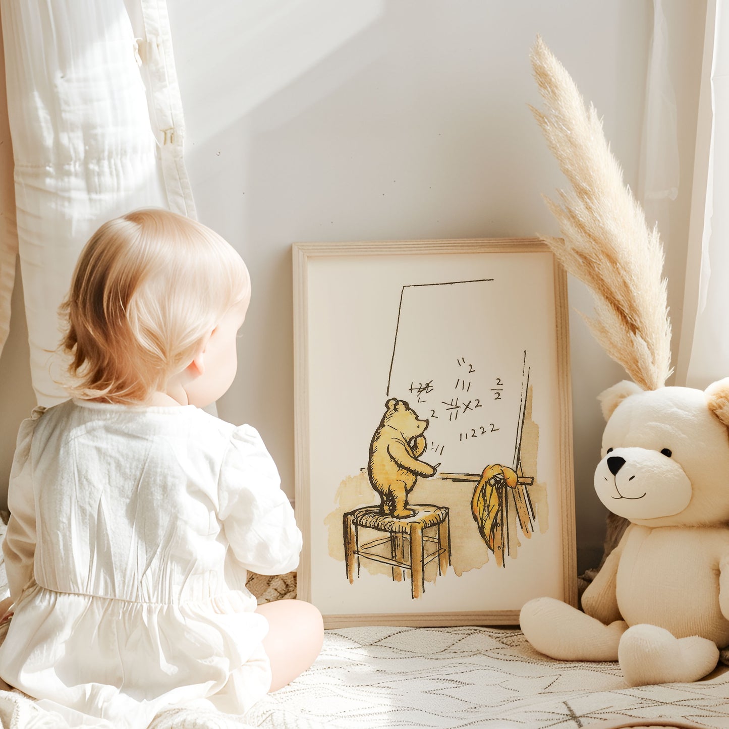 Retro Nalle Puh illustration för barnrummet. Nalle Puh räknar matte.