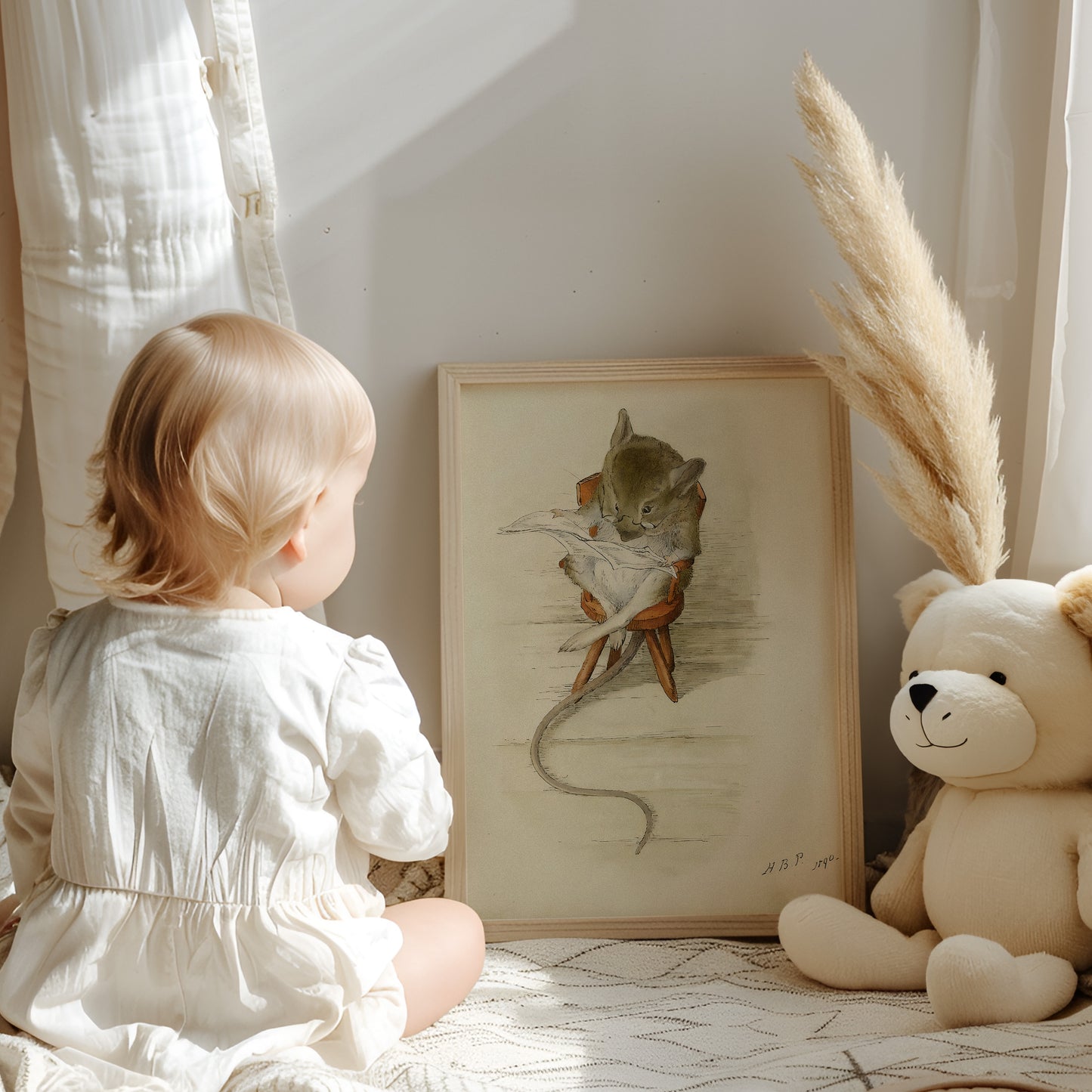 Retro original Beatrix Potter illustration, mus som läser tidningen.