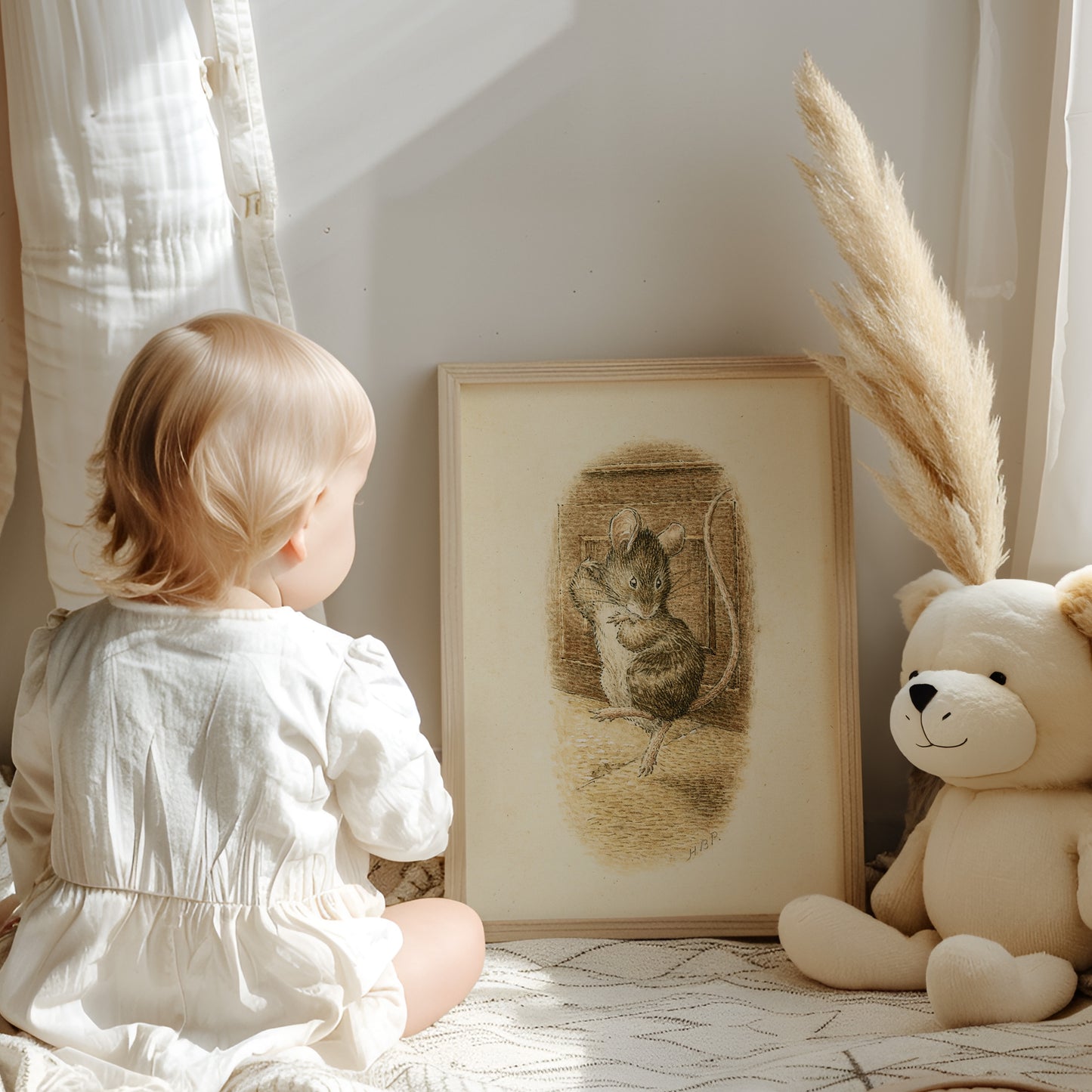 Retro Beatrix Potter illustration, dansande mus.
