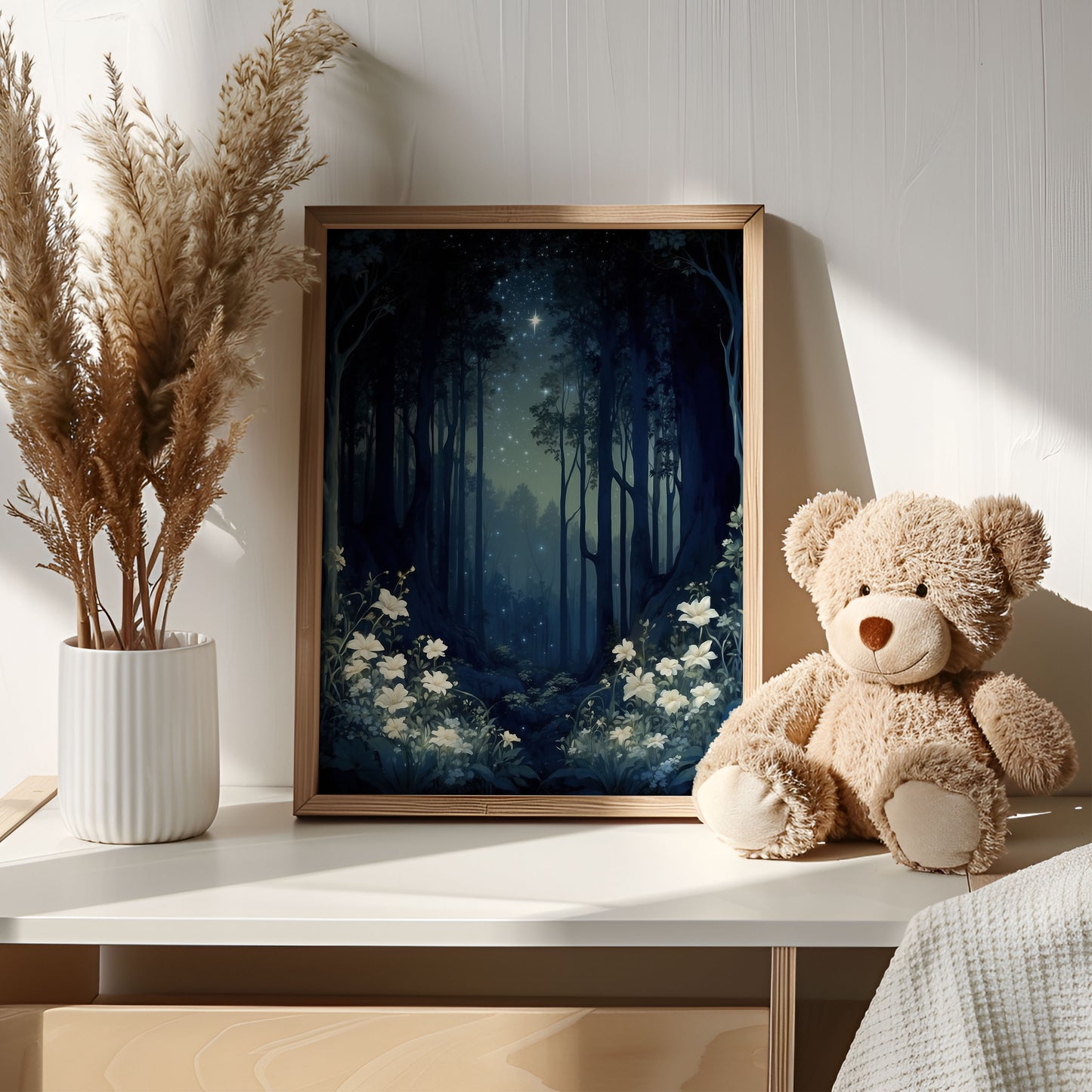 Poster, magisk spirituell skog med vitsippor.