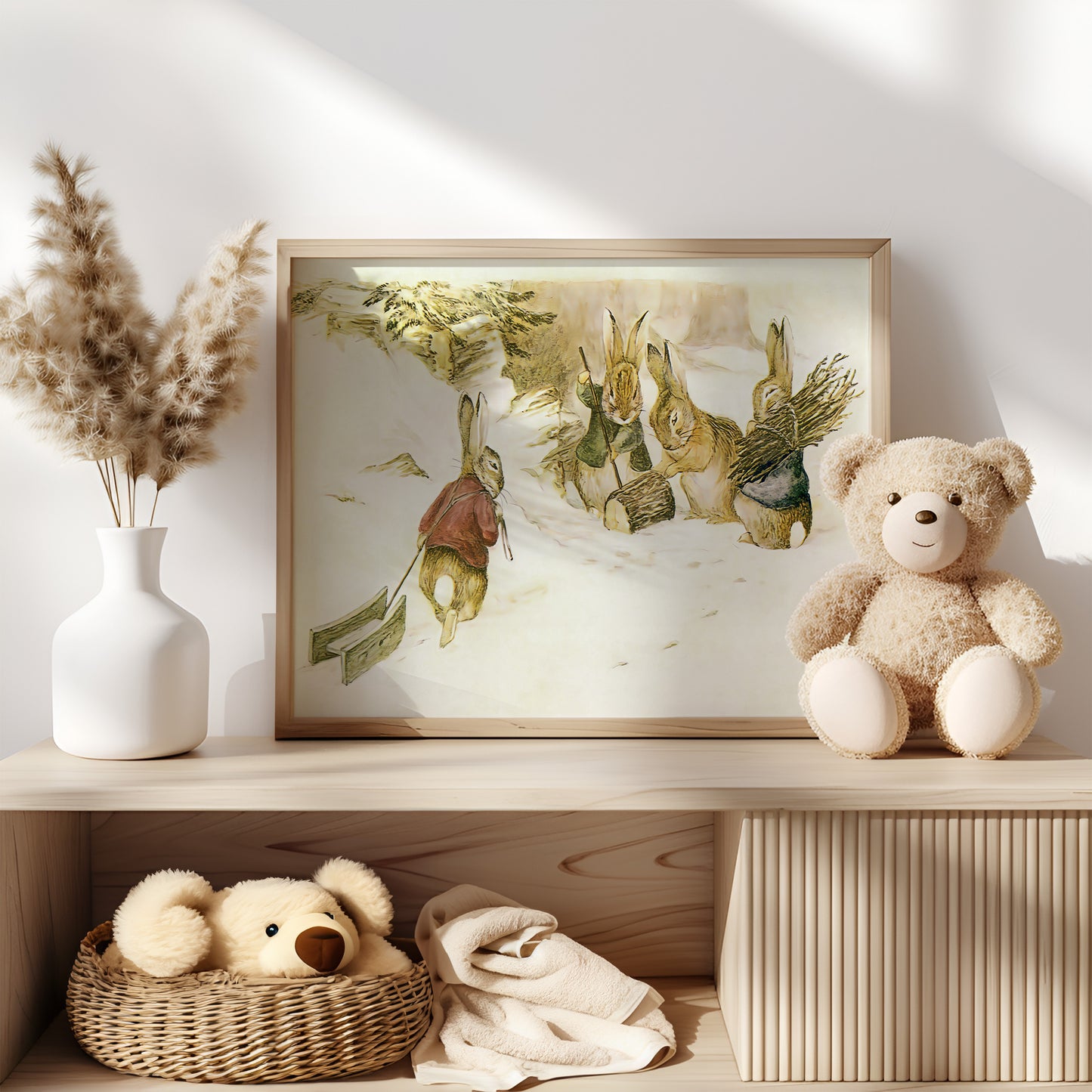 Retro Beatrix Potter illustration, kaniner i vinterlandskap.