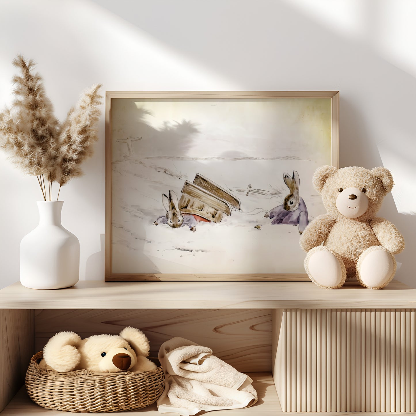 Retro Beatrix Potter illustration, kaniner i snölandskap.