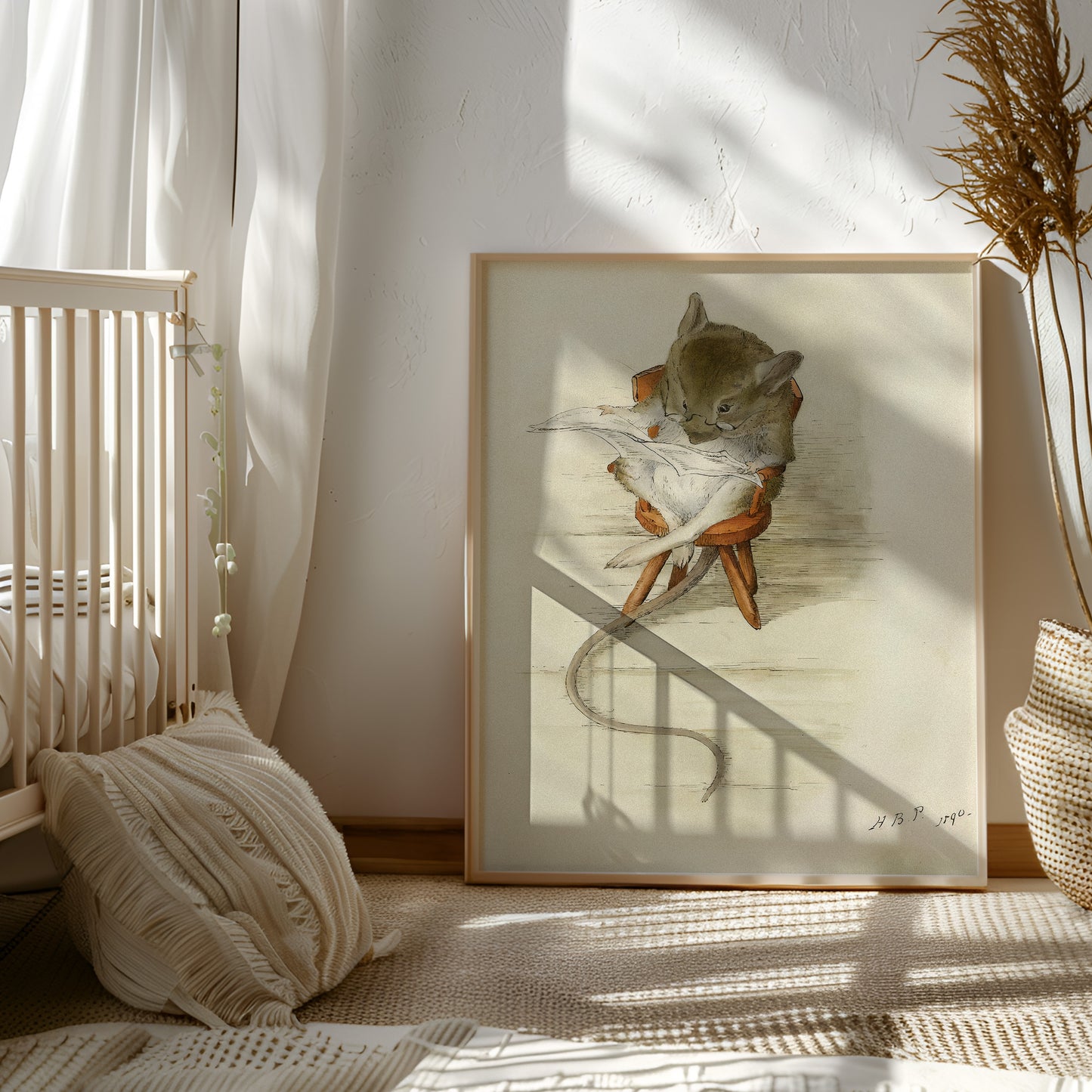 Retro original Beatrix Potter illustration, mus som läser tidningen.