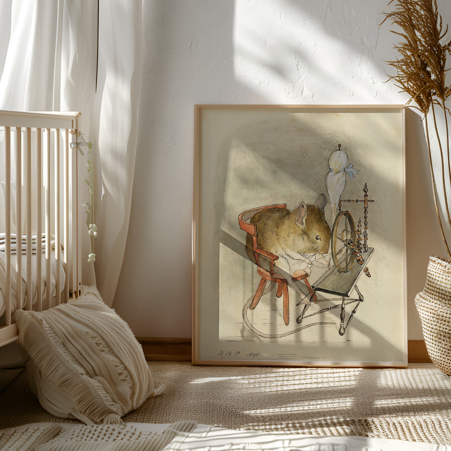 Original Beatrix Potter illustration, mus vid spinnrock.