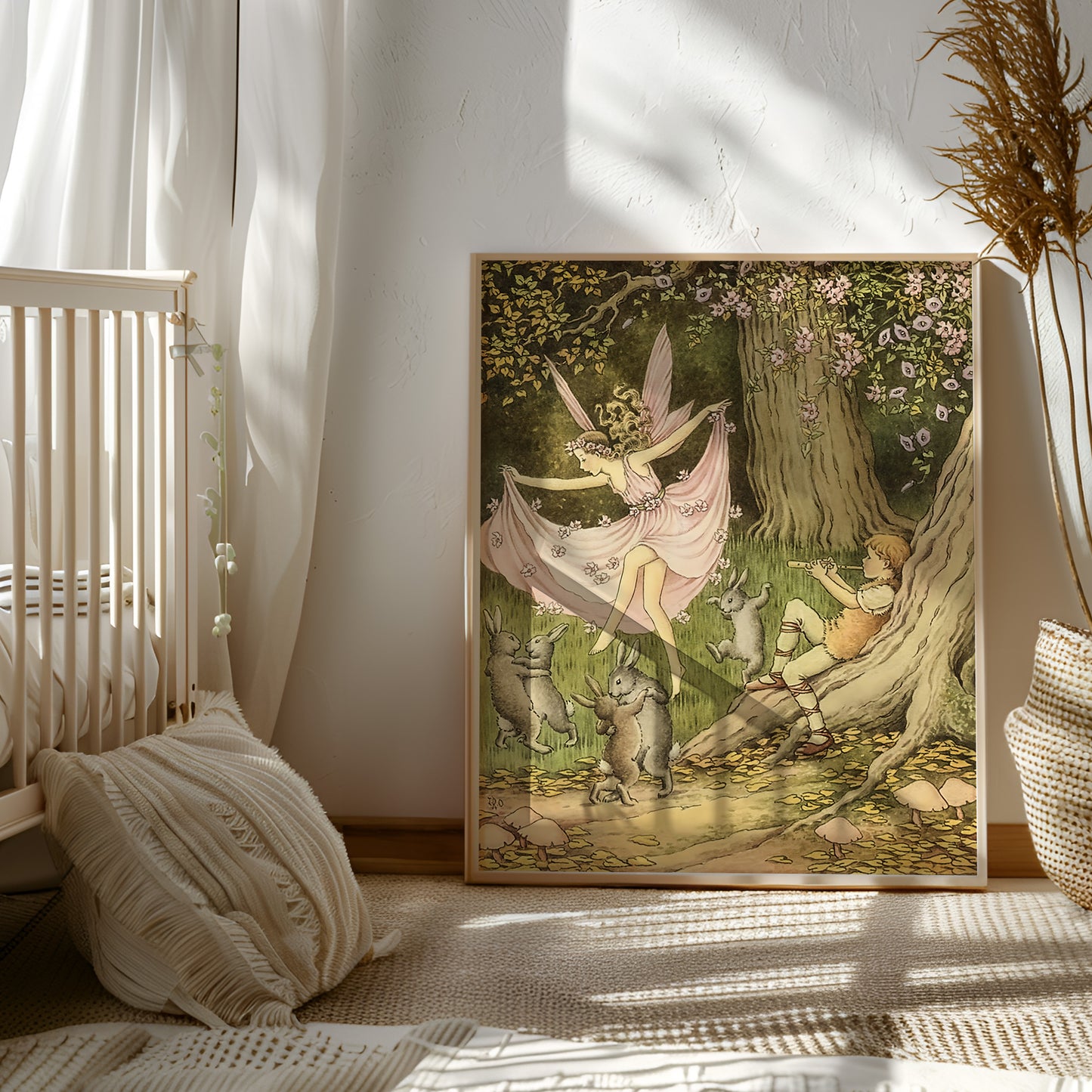 Poster, vintage illustration av dansande älva i skogen.