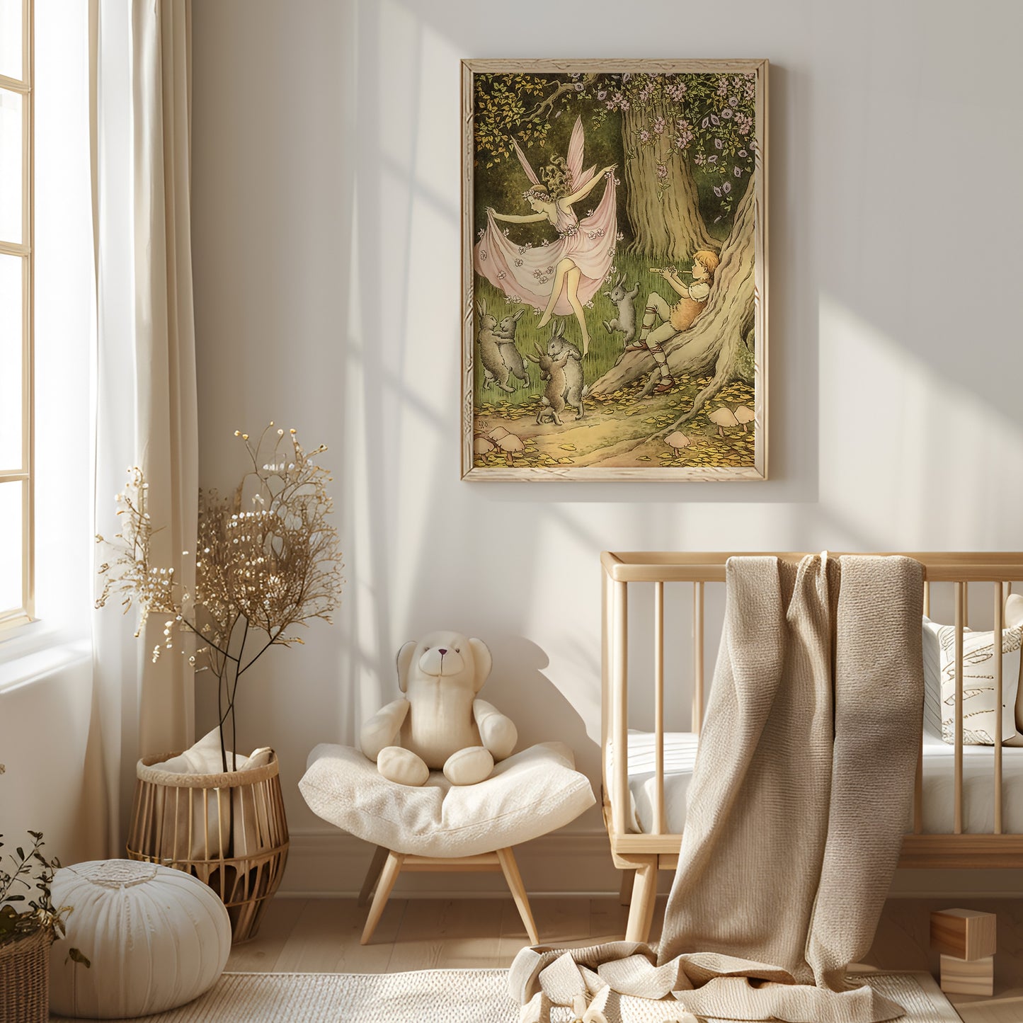 Poster, vintage illustration av dansande älva i skogen.