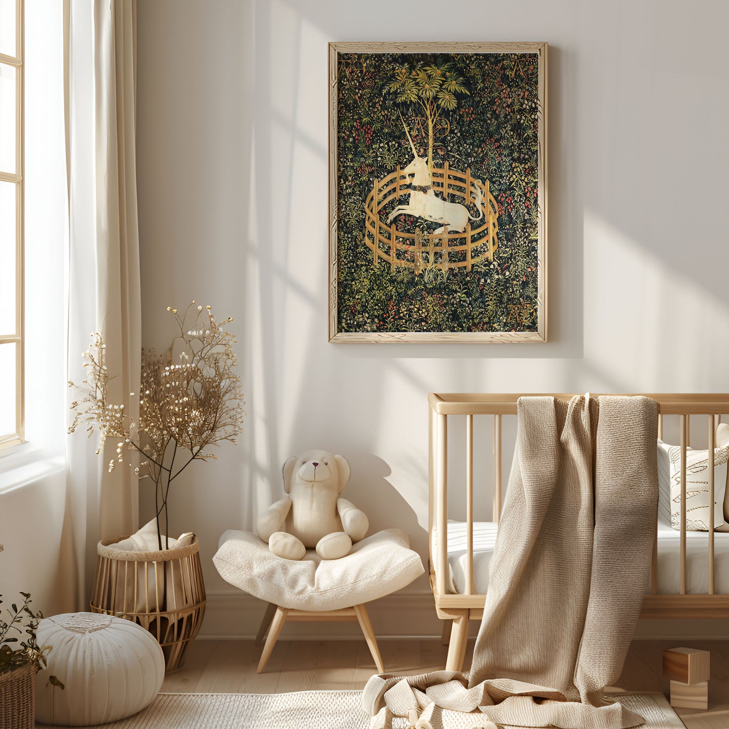 Poster av medeltida målning av en enhörning i fångenskap.