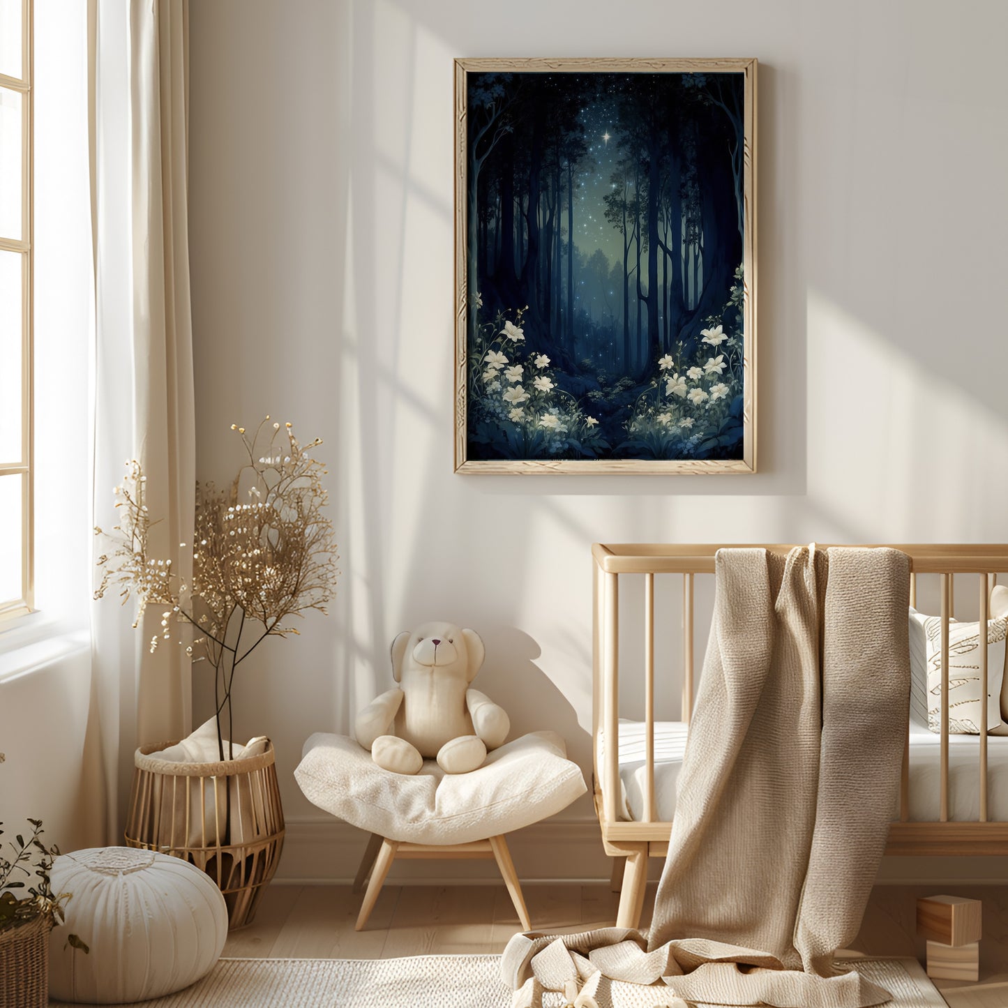 Poster, magisk spirituell skog med vitsippor.