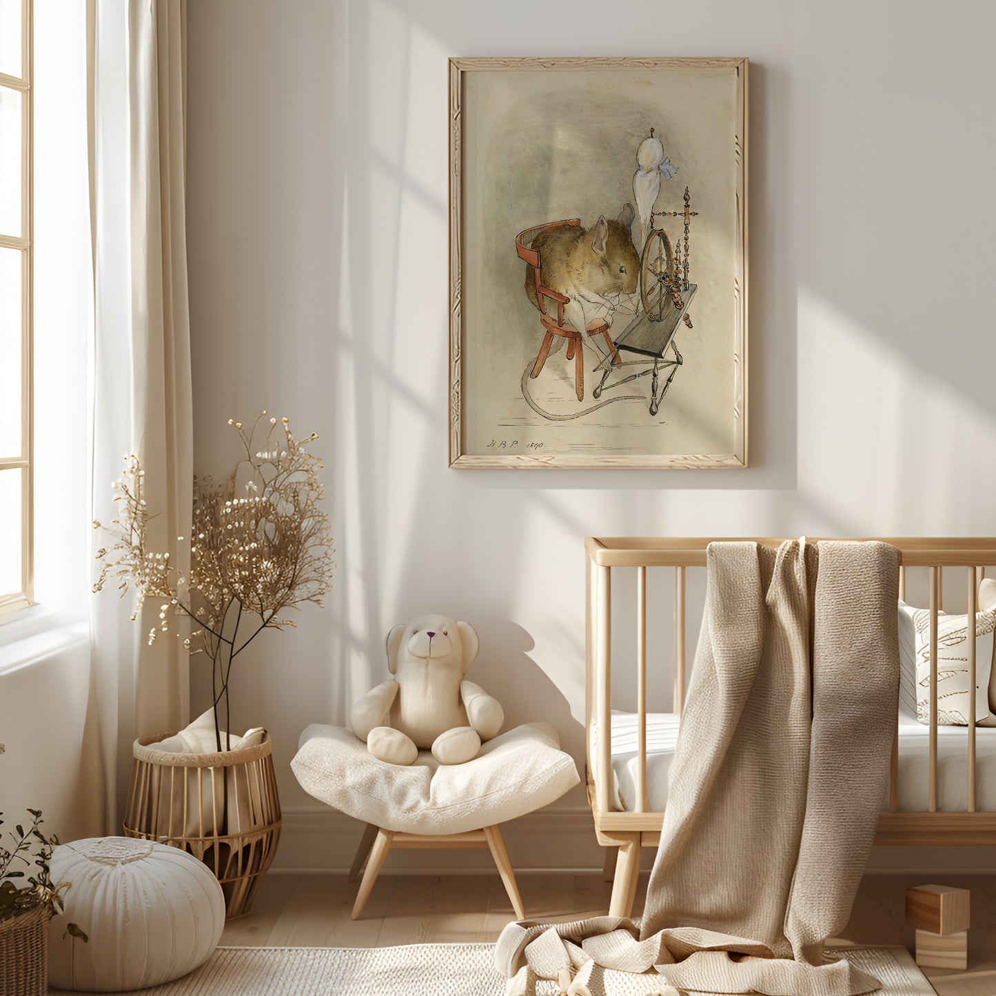 Original Beatrix Potter illustration, mus vid spinnrock.