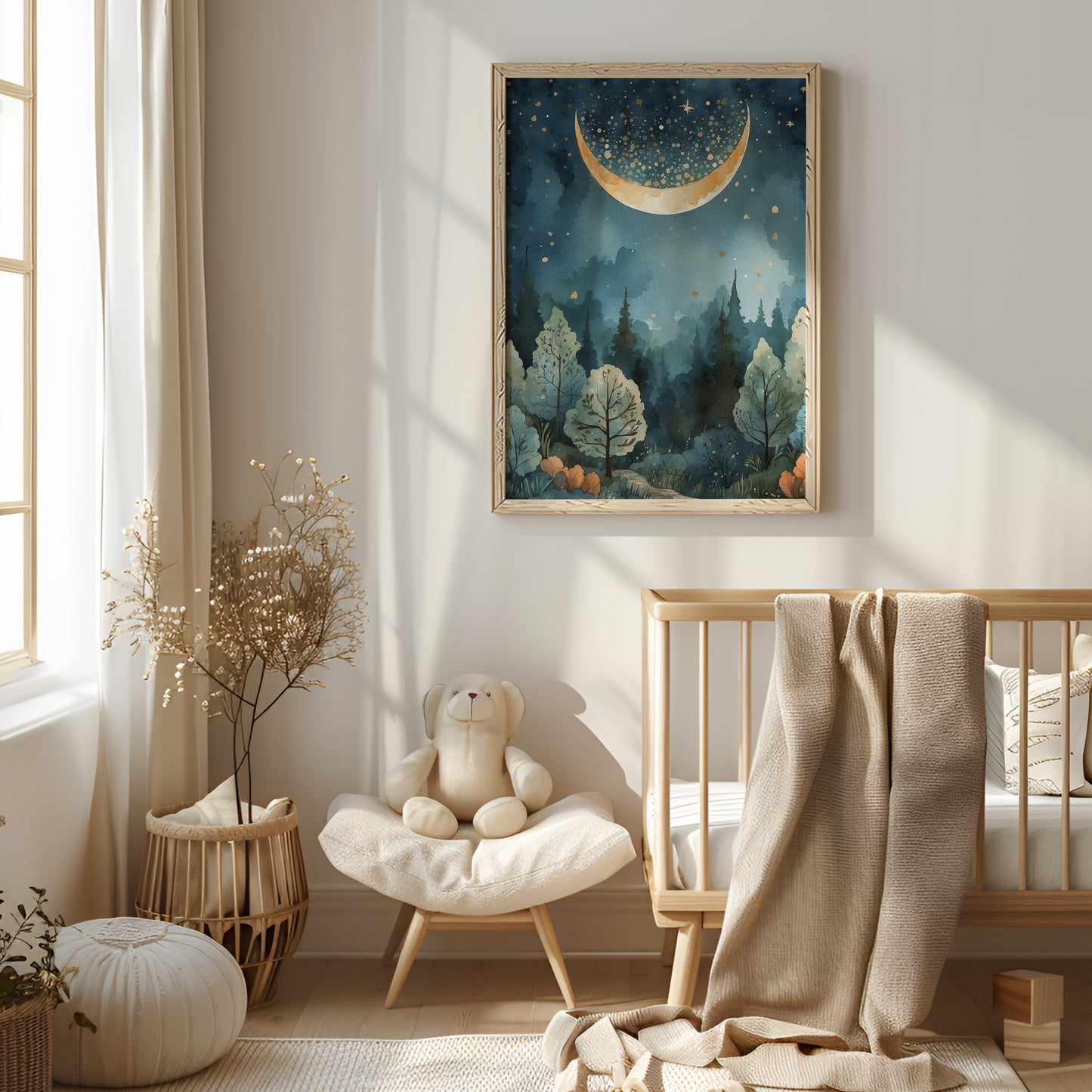 Poster, magisk spirituell skog med måne.