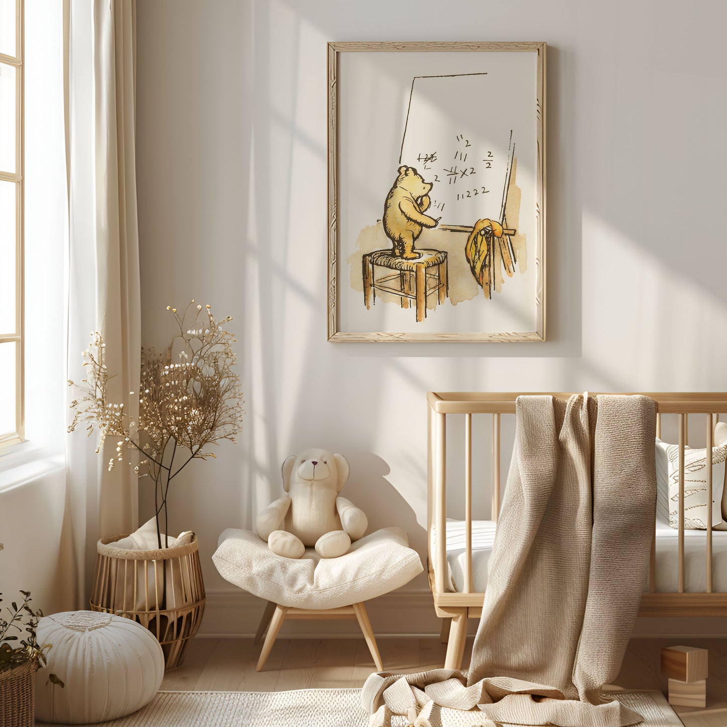 Retro Nalle Puh illustration för barnrummet. Nalle Puh räknar matte.